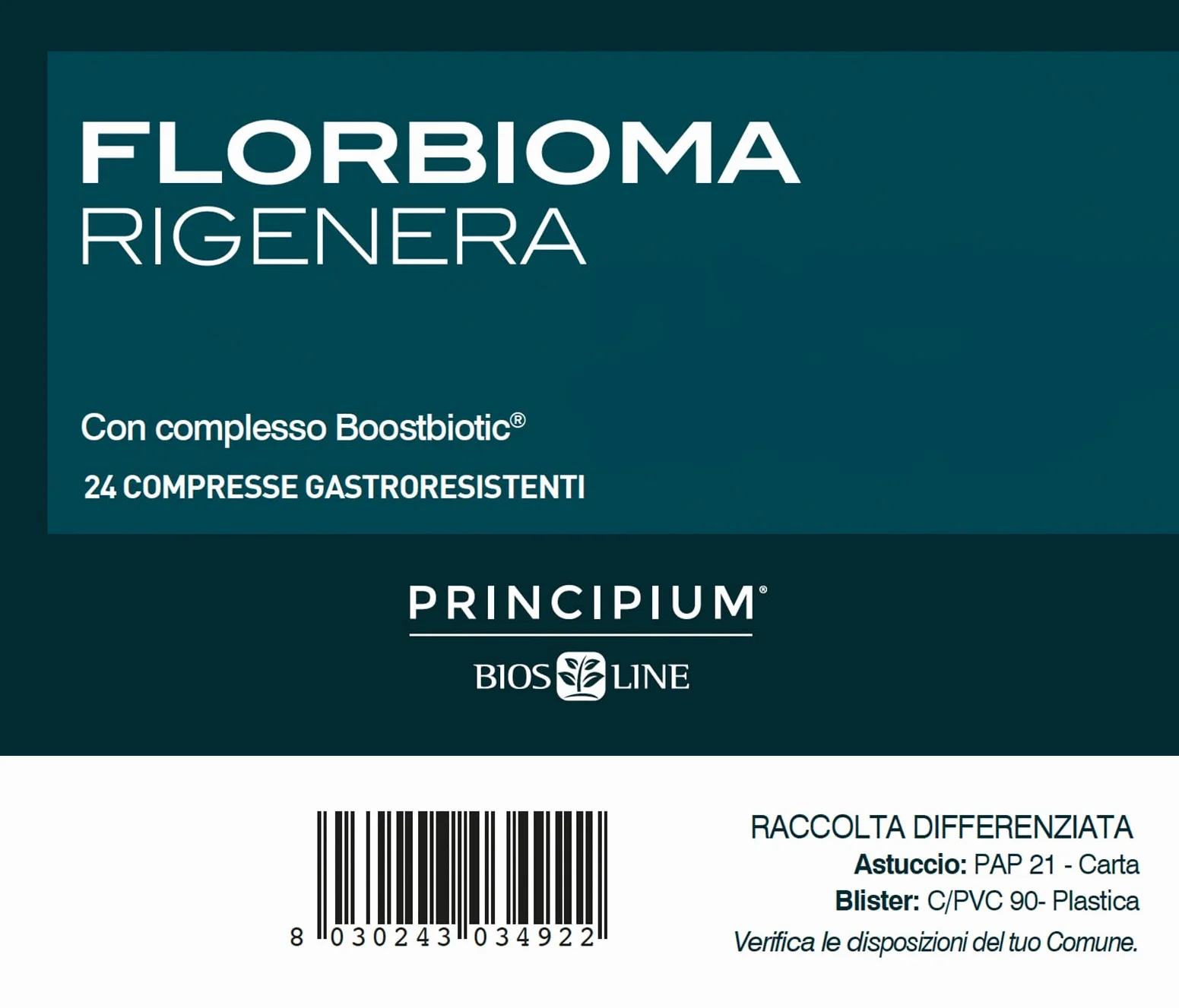 BIOS LINE Principium Florbioma Rigenera Integratore Alimentare Benessere Intestinale 24 Compresse Gastroresistenti