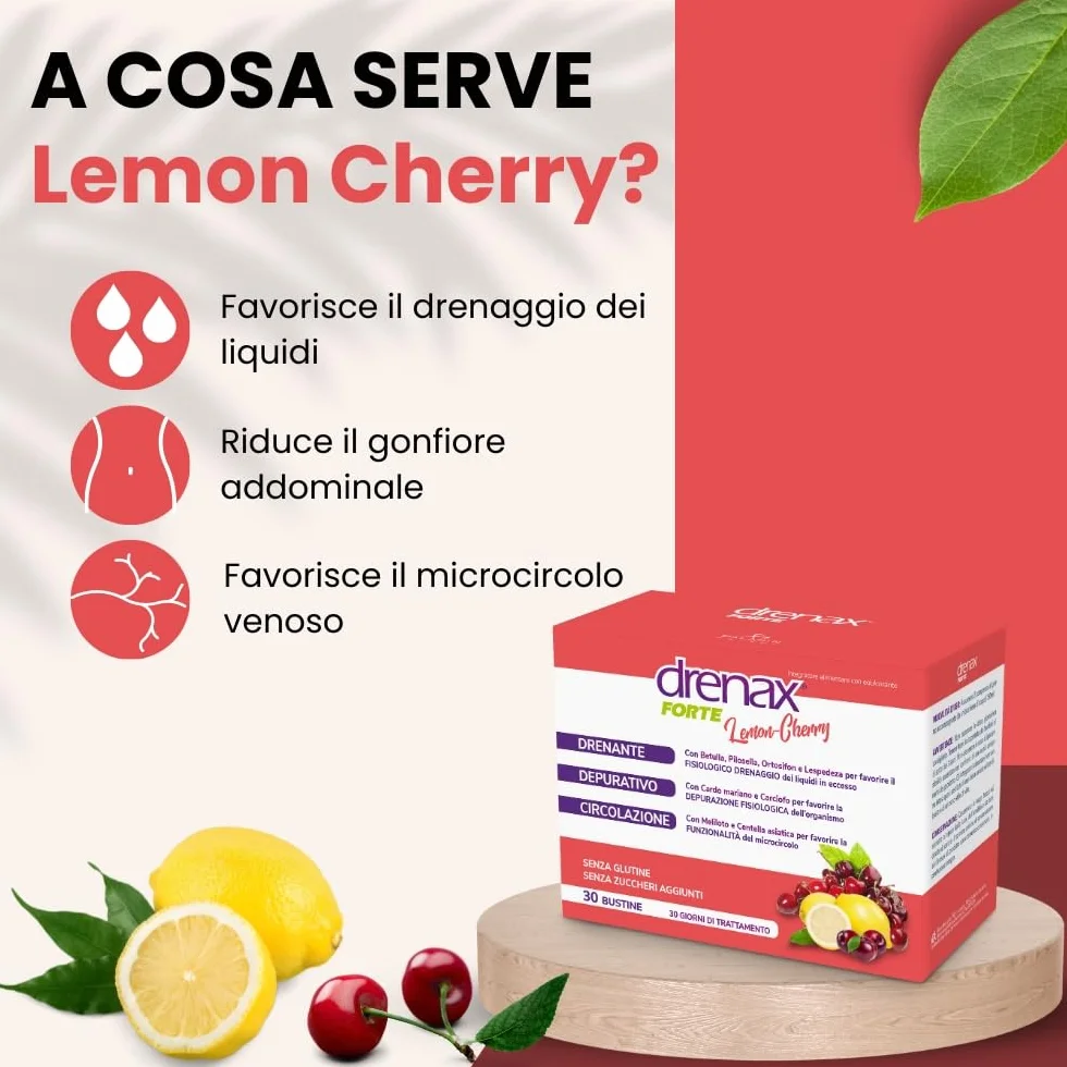 Drenax Forte Lemon Cherry Integratore 30 Bustine Drenante Depurativo
