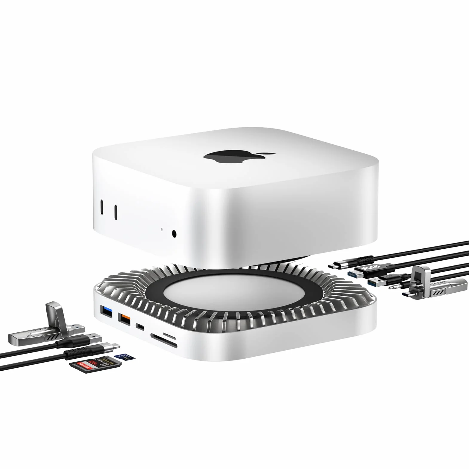 Dock per Mac mini M4 e M4 Pro 2024, supporto in alluminio e hub HDMI 4K60Hz, alloggiamento SSD M.2 NVMe/SATA, ricarica USB-C, SD/TF, audio