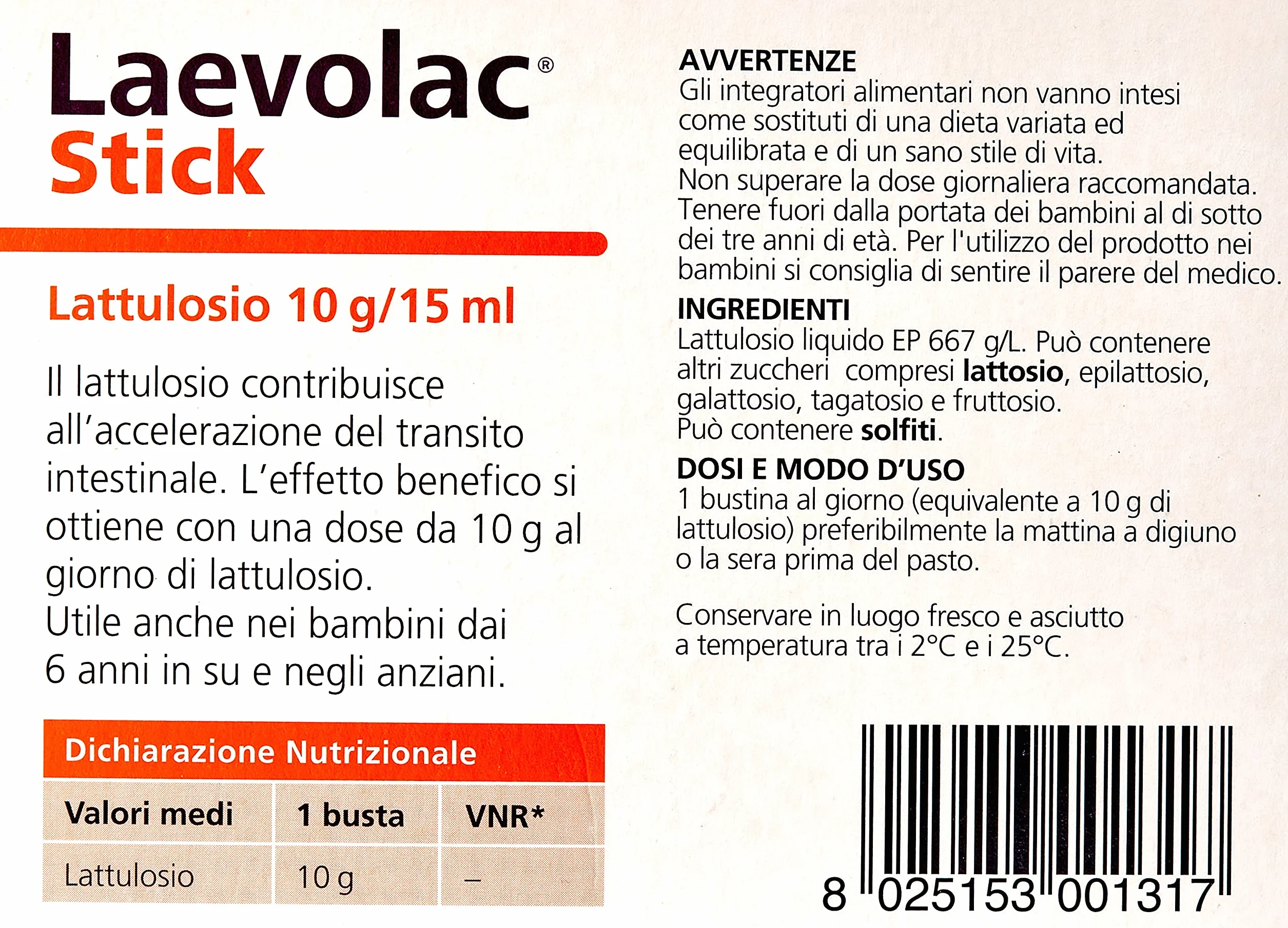 Laevolac Stick Integratore Alimentare Lattulosio 10 Bustine Monodose 15ml