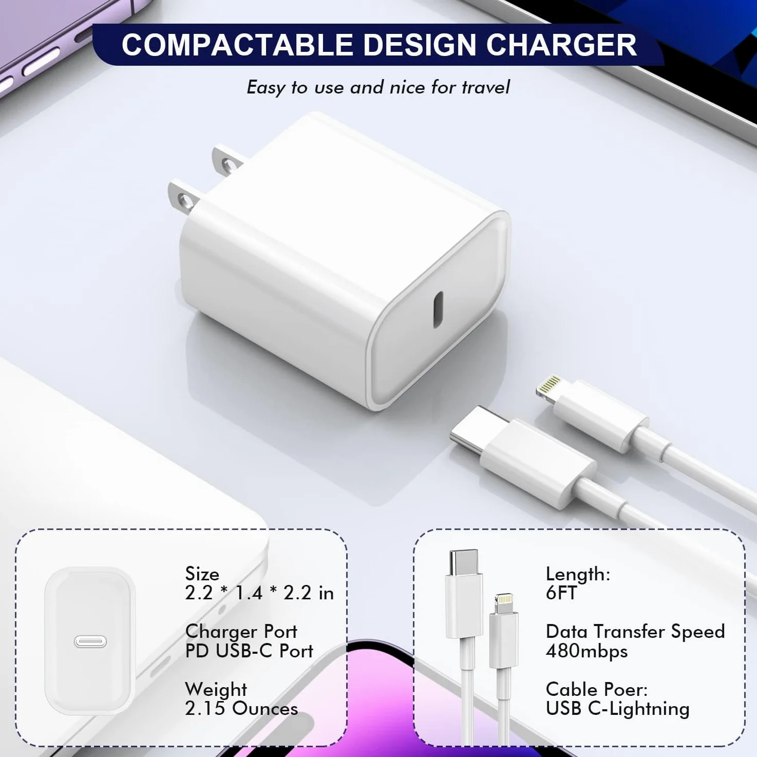 Cavo di ricarica lungo per iPhone, certificato Apple MFi, confezione da 2 pezzi, 20 W, tipo C, cavo di ricarica da USB C a Lightning per Apple iPhone 14/14 Pro Max/13 Pro/13/12 Mini/12 Pro Max/11 Pro