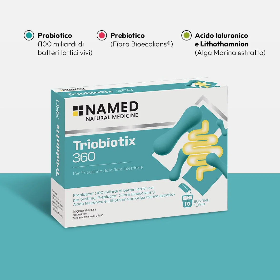 NAMED Triobiotix 360 Integratore Alimentare Probiotico Prebiotico Acido Ialuronico Lithothamnion Calcio Fermenti Lattici Adulti Flora Intestinale 10 Bustine