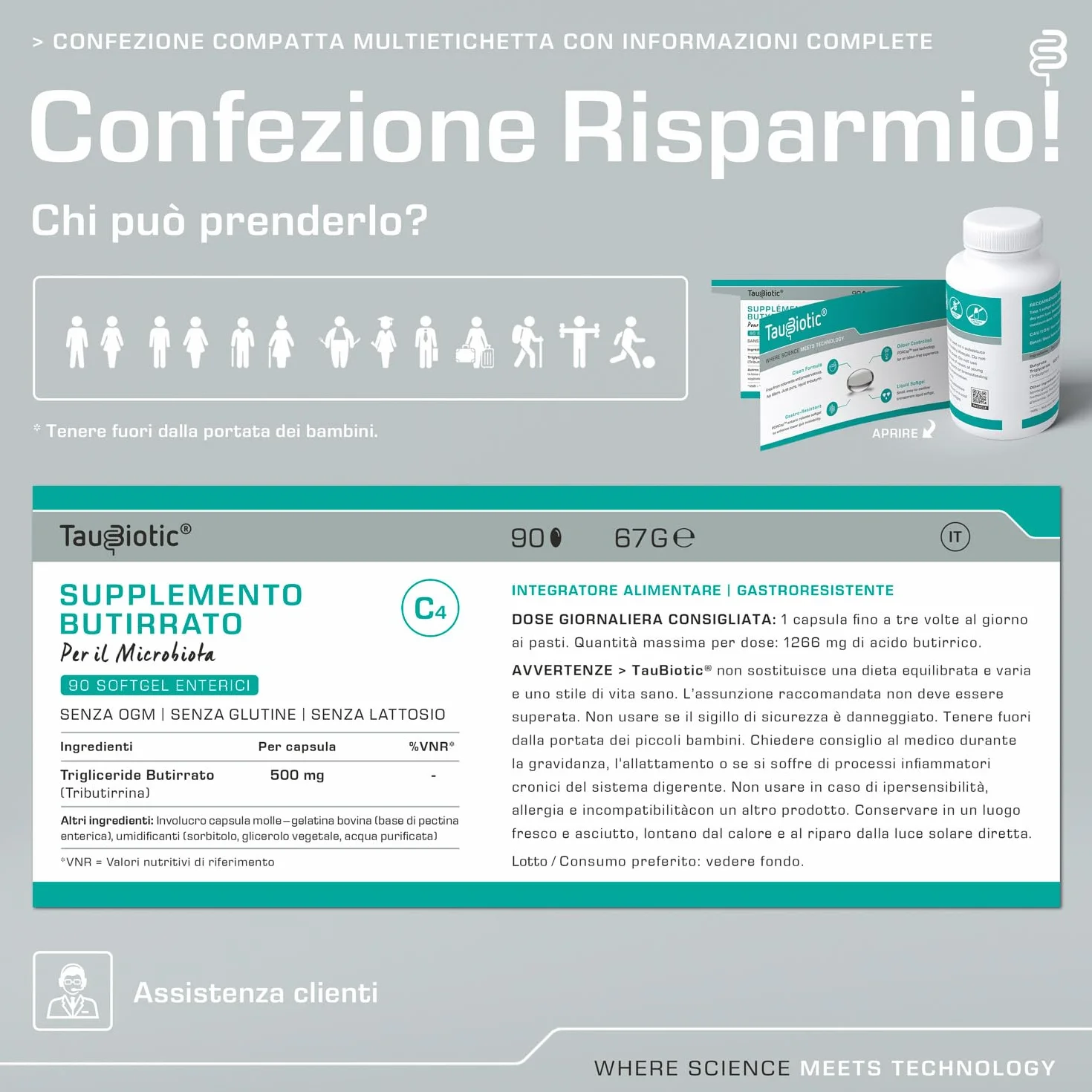 TauBiotic® RedoxBox® Butirrato Integratore 500 mg Tributirrina Microbiota 90 Softgel Gastro-resistenti