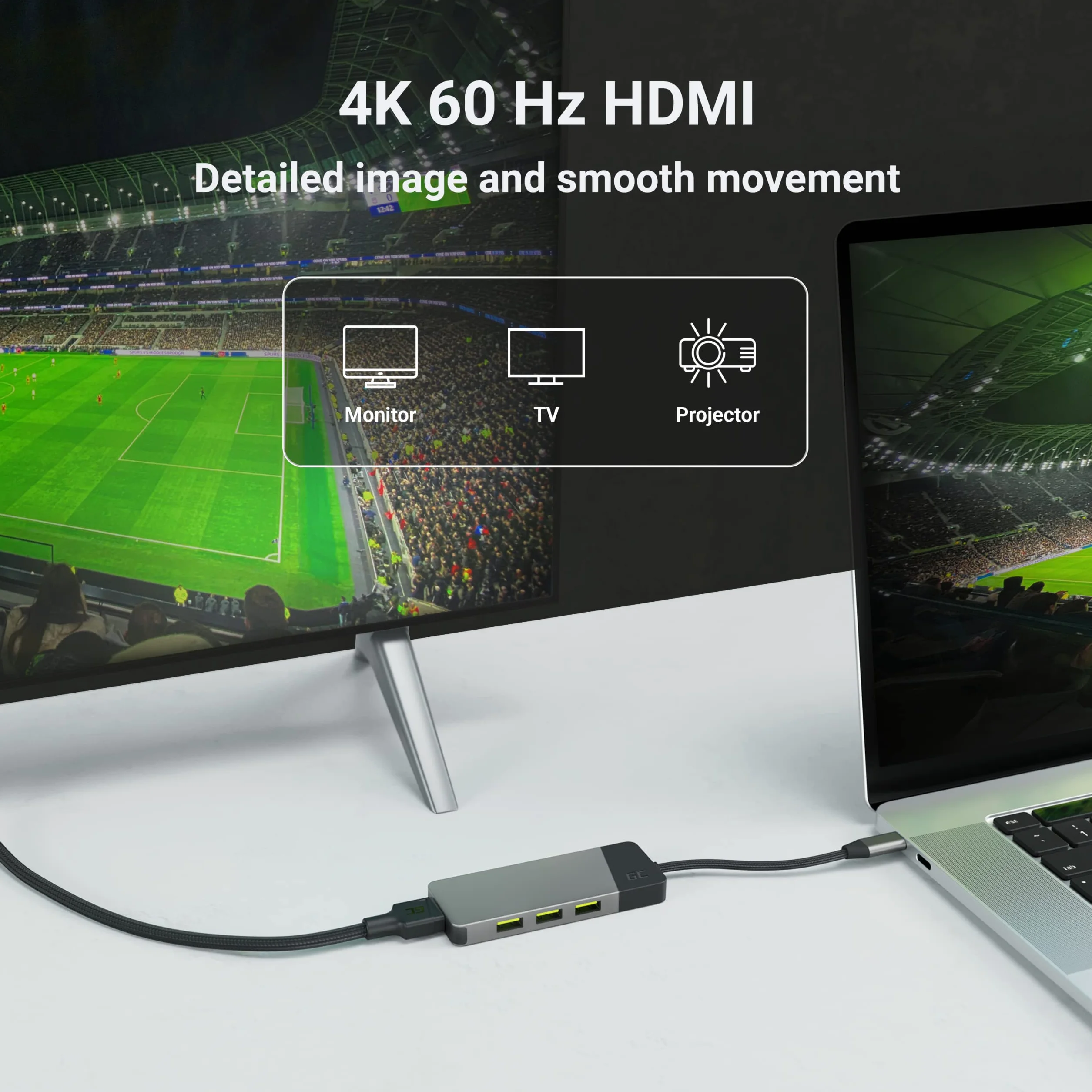 Adattatore, Stazione docking HUB USB-C PD 85W GC Connect 7in1 (3x USB-A 3.1 HDMI 4K 60Hz SD microSD) per Apple MacBook M1/M2, Lenovo ThinkPad X1, Asus ZenBook, Dell XPS, Supporto Samsung DeX