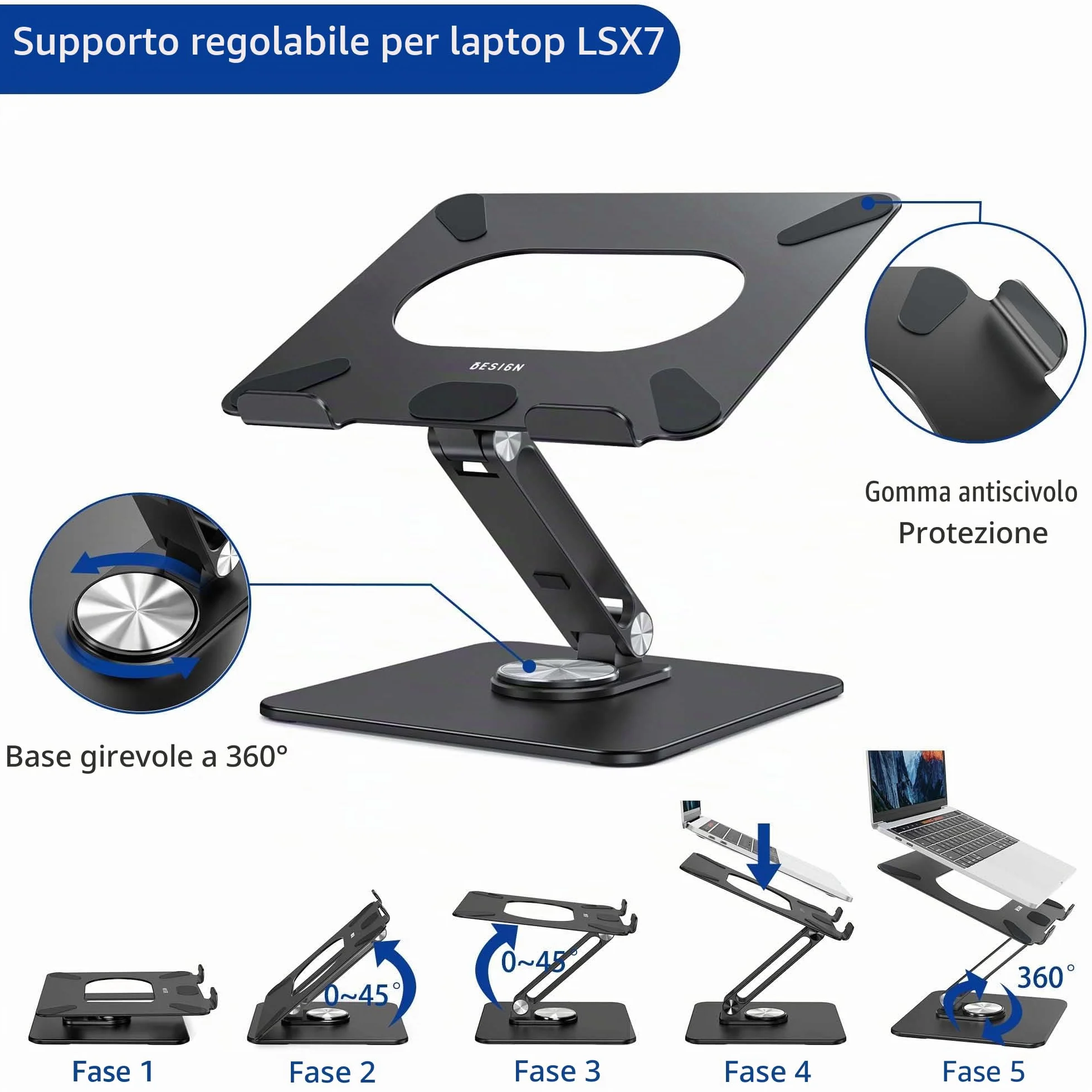 BESIGN LSX7 Supporto PC Portatile con Base Girevole a 360°, Supporto per Portatile Ergonomico, Supporto per Laptop Compatibile con Portatili da 10-15.6" (Nero)