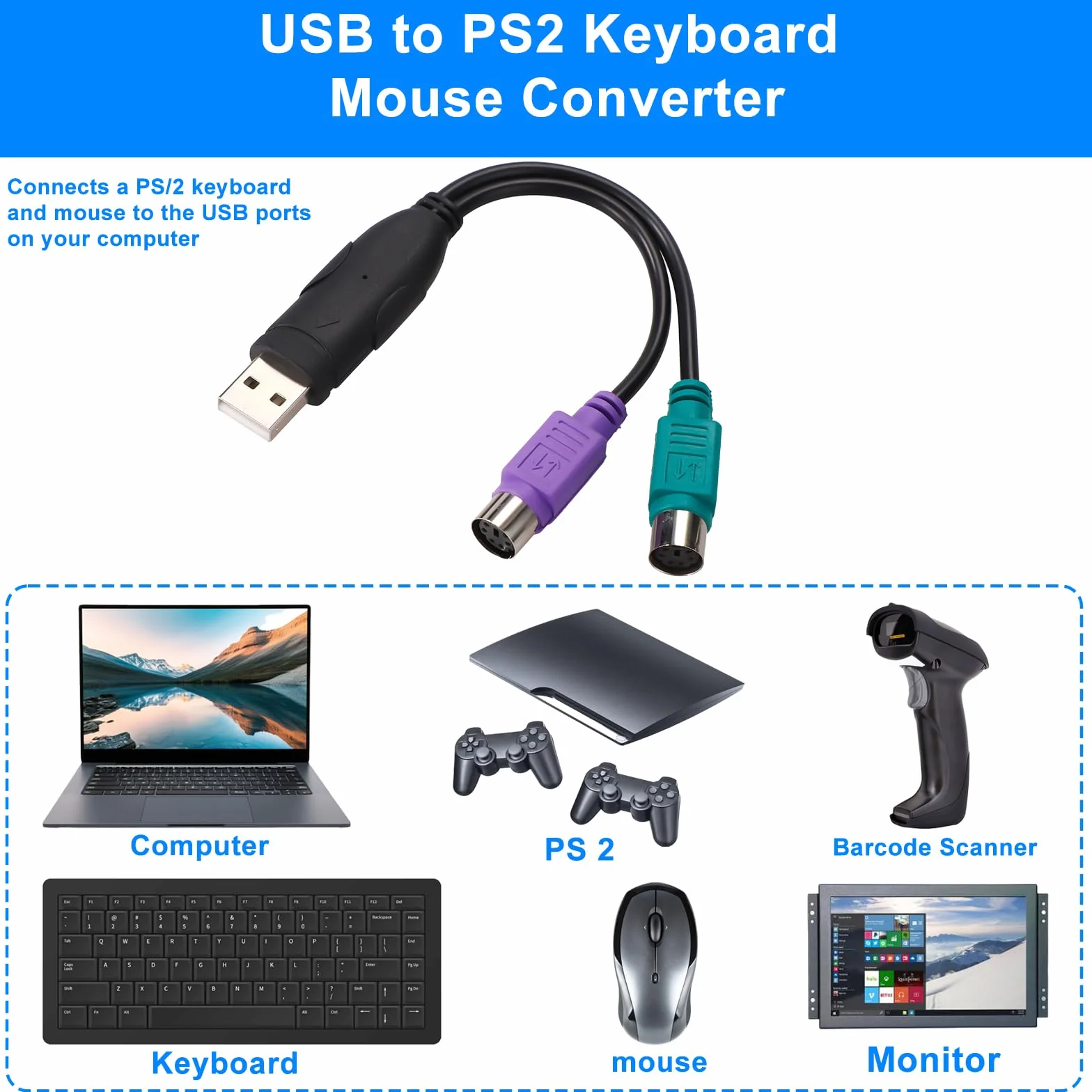 2pz Adattatore da PS2 a USB, Lunghezza 18,9cm Adattatore Convertitore da Tastiera e Mouse PS/2 a USB (Porte Viola e Verde)