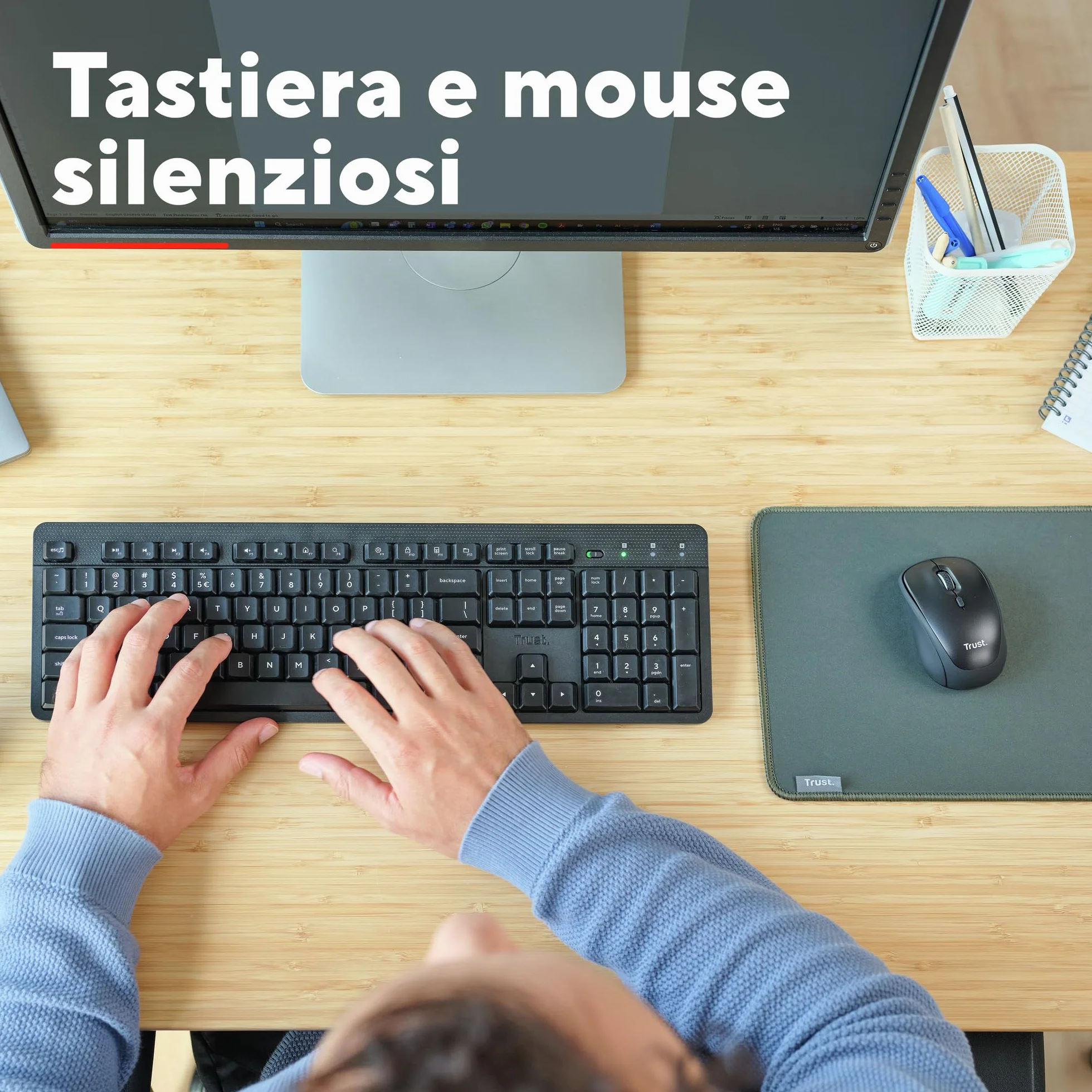 Trust Ymo II Set Tastiera e Mouse Wireless Silenziosi Italiano QWERTY, Tasti a Profilo Ribassato, Resistente agli Sversamenti, Unico Ricevitore USB, Nero