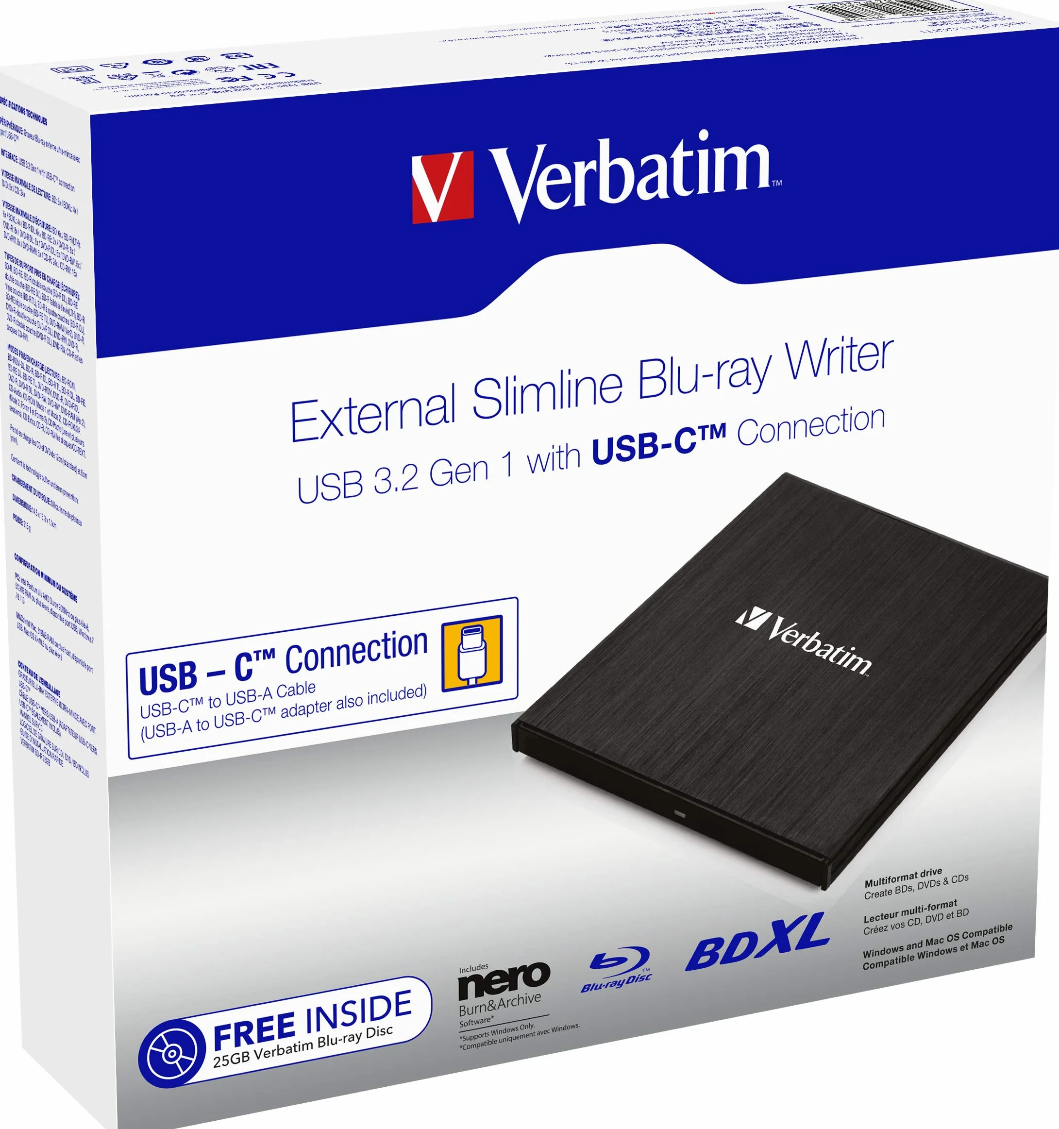VERBATIM Masterizzatore esterno Blu-ray Slimline I USB 3.1 Gen 1 con connessione USB-C I Lettore Blu-ray I Unità Blu-ray esterna compatta per grandi backup I Lettore Blu-ray esterno I nero