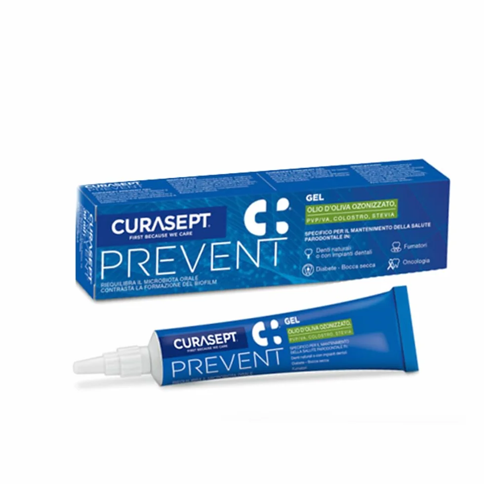 Curasept Prevent Kit Collutorio 300 ml + Gel 30 ml Protezione Gengive Impianti Postbiotici Olio d'Oliva Ozonizzato