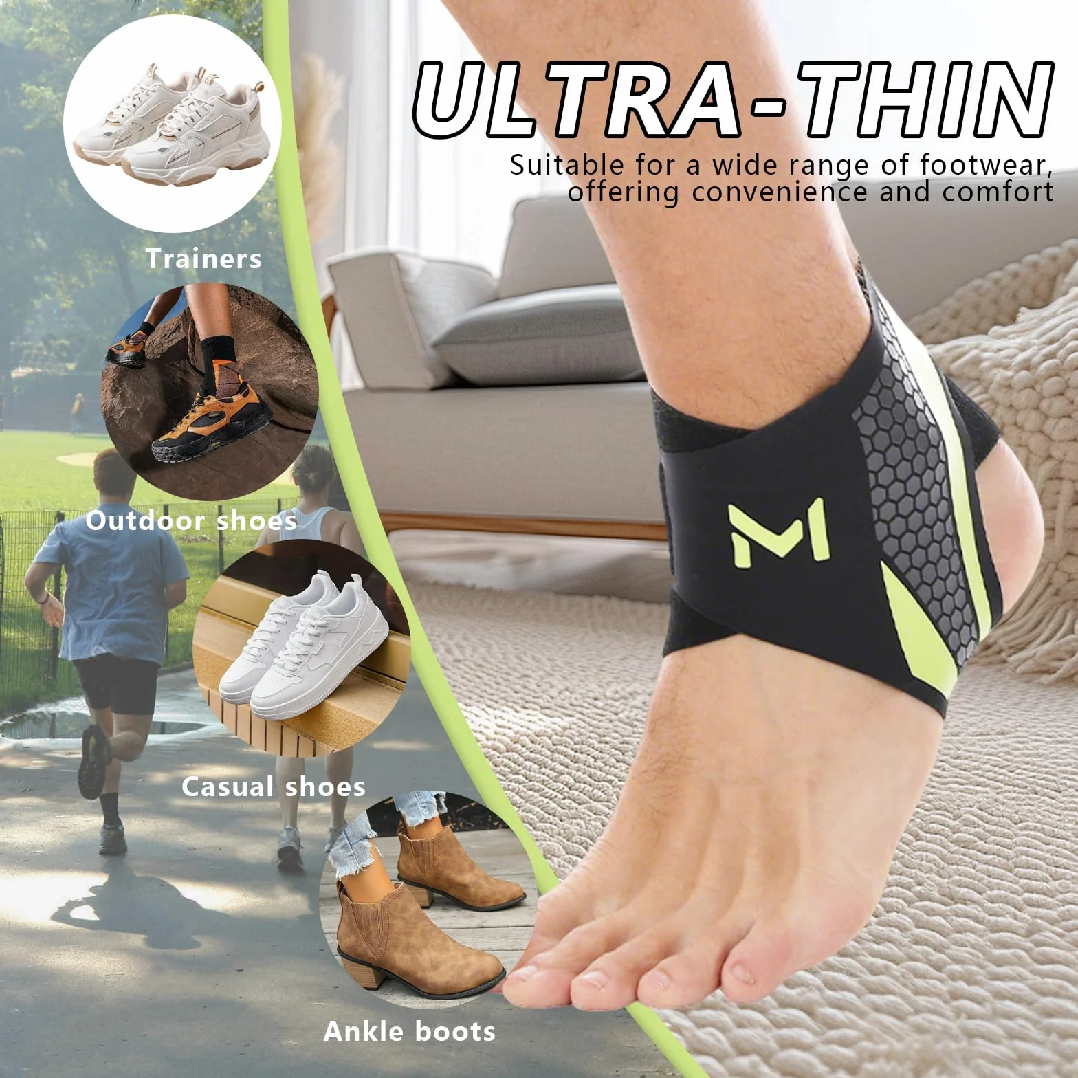 Cavigliera Sportiva 2 Pezzi – Supporto Elastica in Nylon Traspirante con Doppia Fascia Regolabile a U, Unisex, per Corsa, Calcio, Fitness, Recupero Articolare (Nero + Verde)