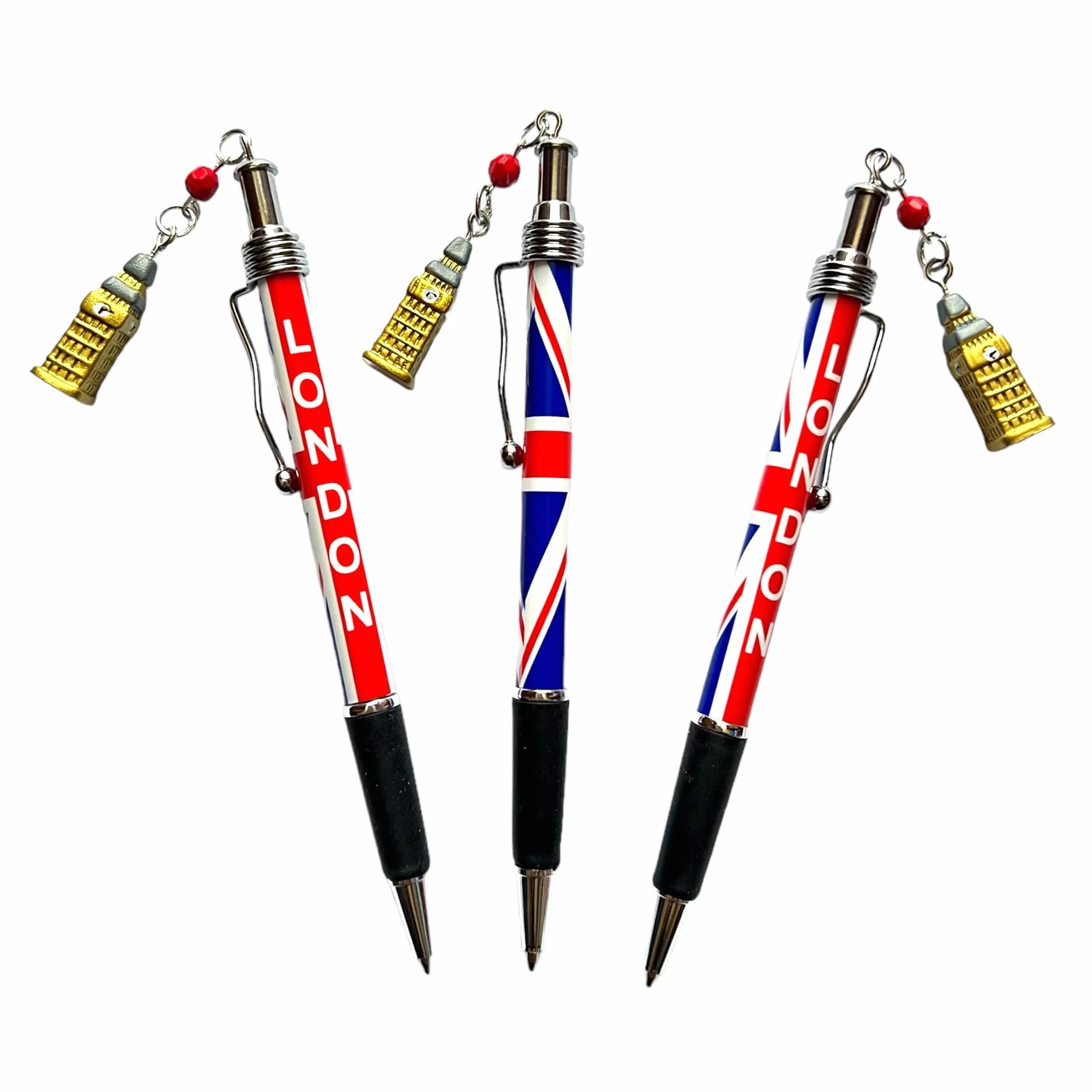 Penne Union Jack con ciondoli di Londra: autobus, cabina telefonica e Big Ben (set di 3)