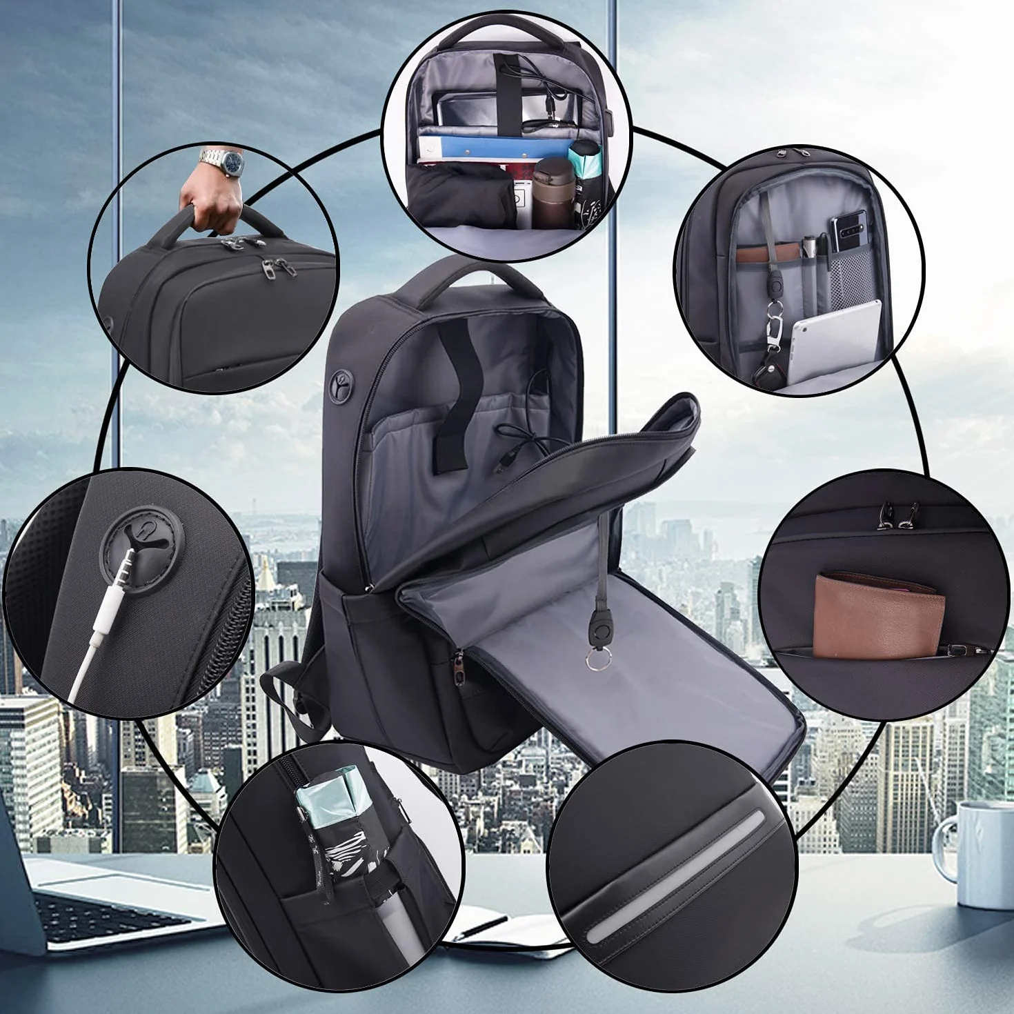 Zaino per computer portatile da 17 pollici di grande capacità da uomo impermeabile antifurto Zaino per PC portatile con USB Charging Port Zaino funzionale per viaggi d'affari college donna