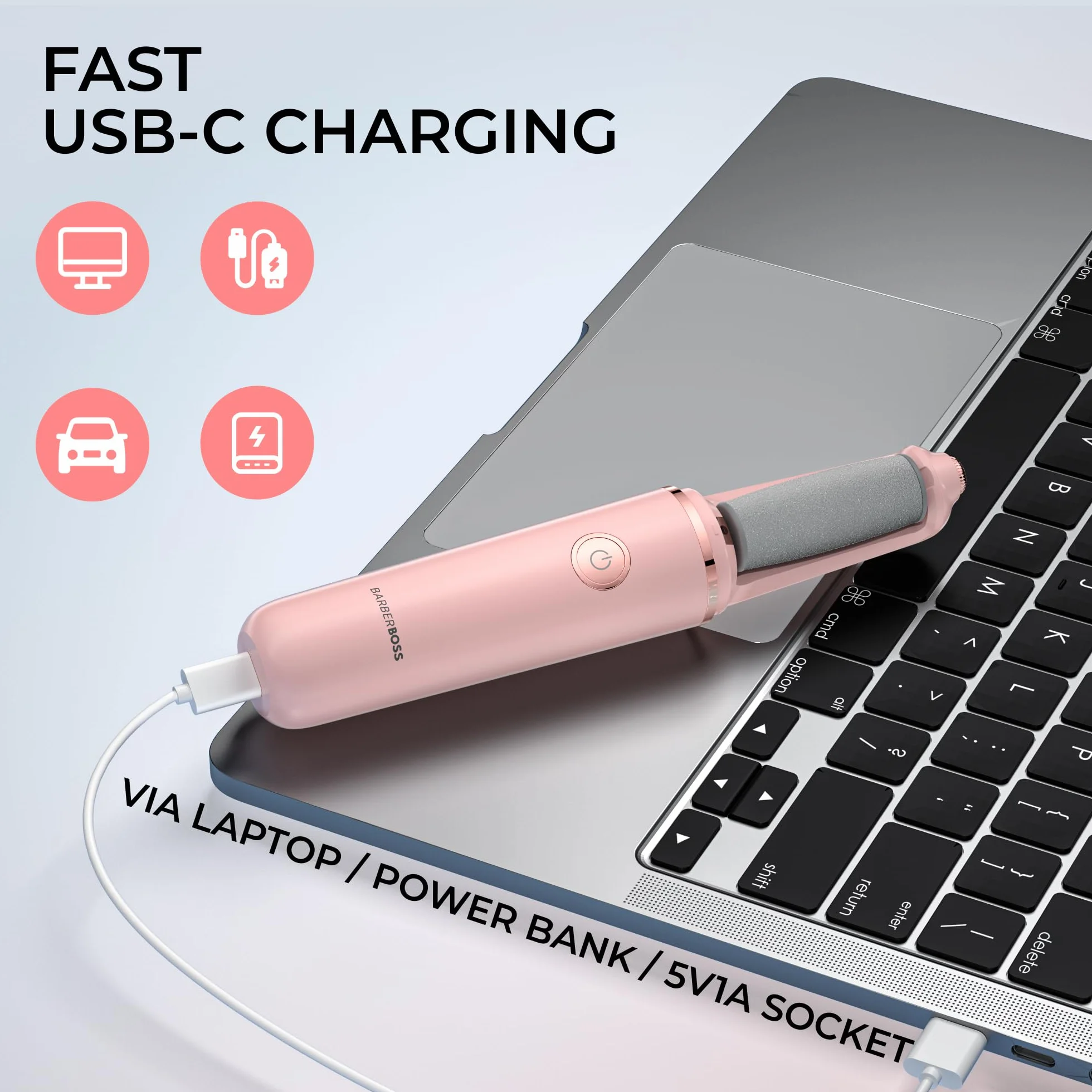 BarberBoss Elektryczna pilnik do stóp, zestaw do pedicure z wymiennymi głowicami, USB, Różowy