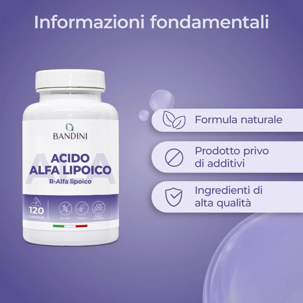 Bandini Acido Alfa Lipoico 650 mg 120 Capsule Rilascio Ritardato Antiossidante Naturale Vegan ALA