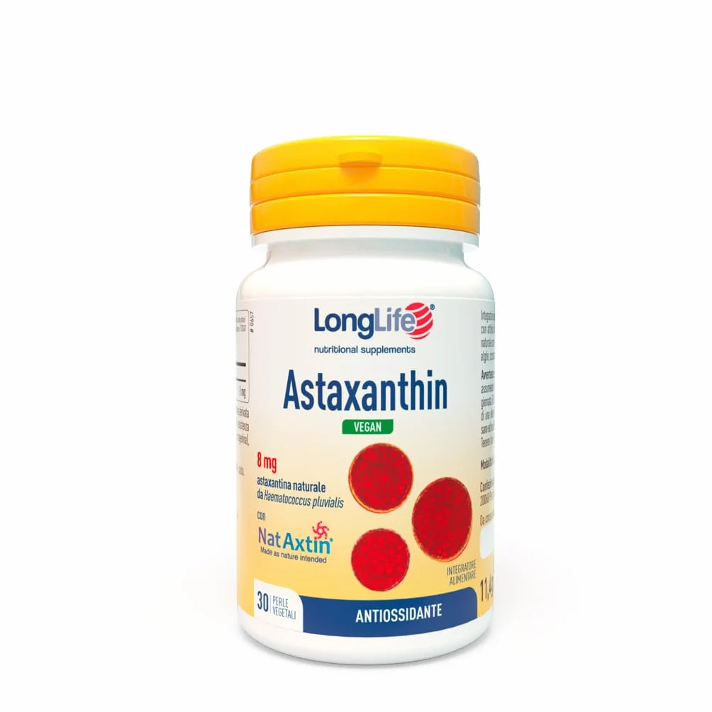 LongLife® Astaxanthin Vegan 8 mg Astaxantina naturale antiossidante pelle NatAxtin® 1 mese Vegano