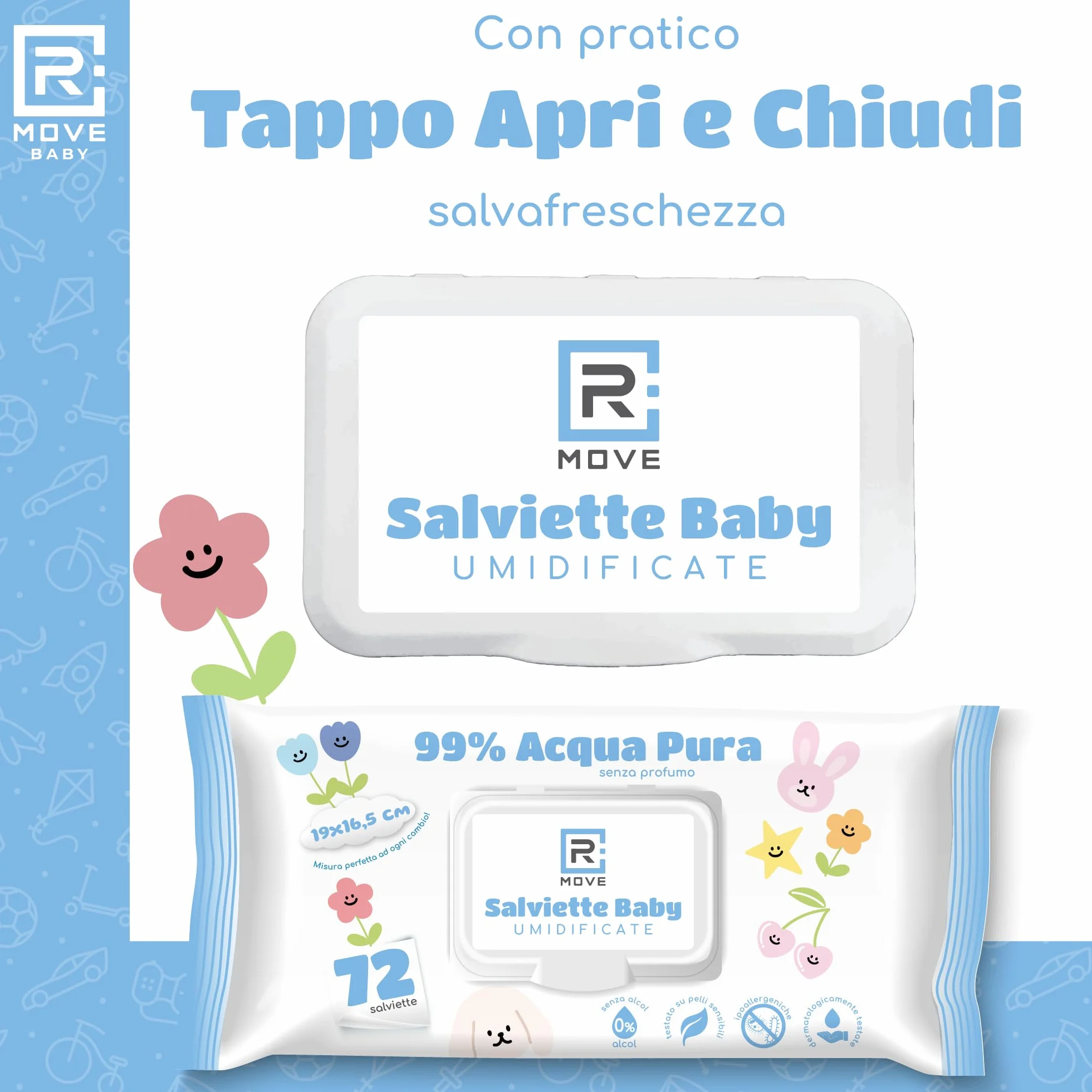 Acqua Pura salviette neonato umidificate 99% Acqua, 8x72 sztuk, Coperchio Salvafreschezza, idratanti, igienizzanti, rinfrescanti, mani e corpo