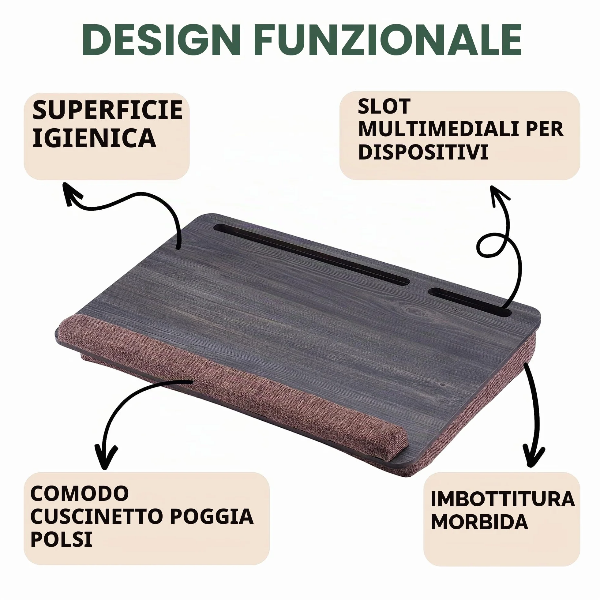 Vassoio in Legno per Laptop Vigo Wood, Scrivania per Laptop, Supporto per Laptop da Letto con Cuscino, Tavolino Portatile per Ufficio a Casa Adatto fino a 17.3'' Tablet con Supporto per Telefono