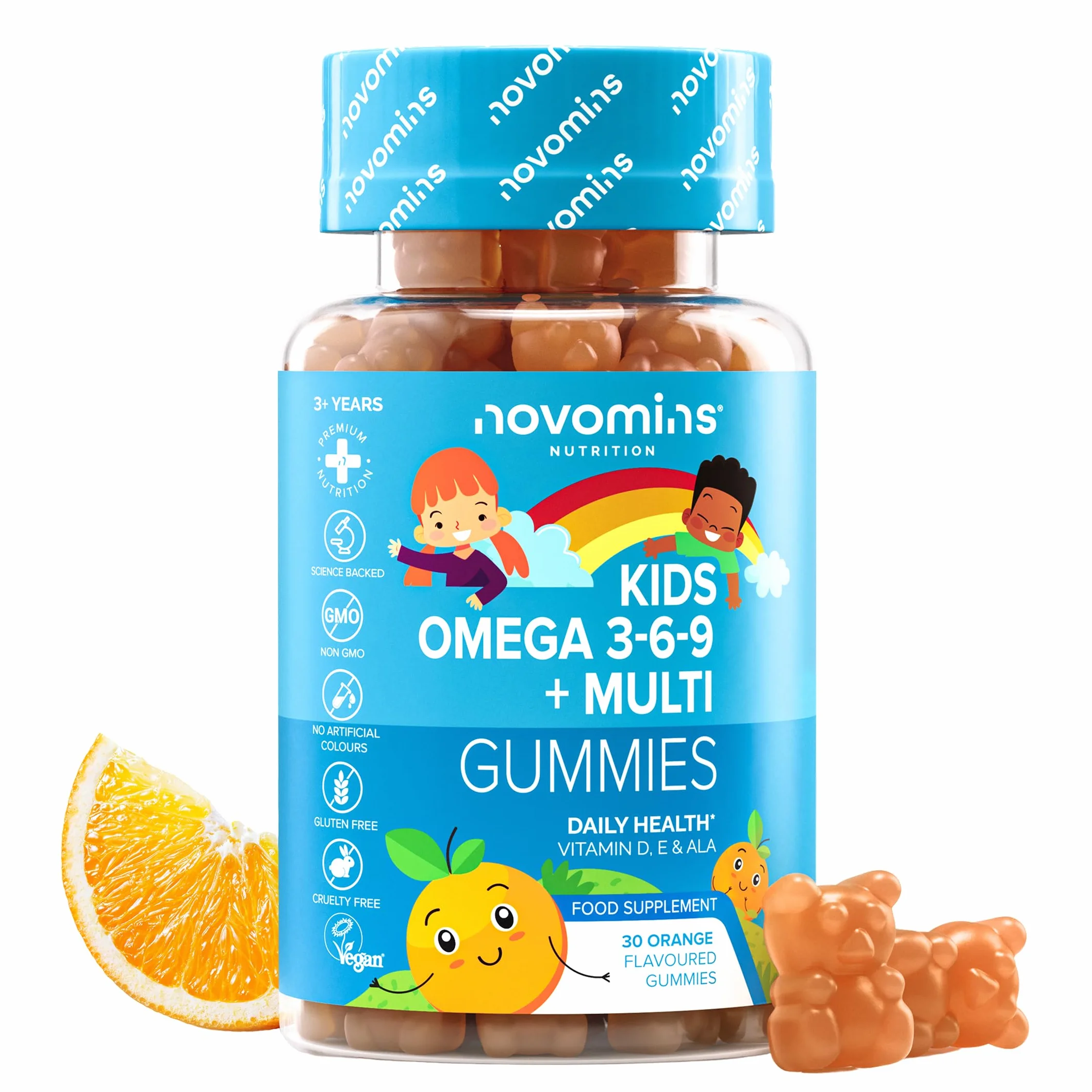 Novomins Omega 3 6 9 Vegan Gommose per Bambini con ALA Olio di Perilla 50mg Vitamine D ed E 30 Gusto Arancia