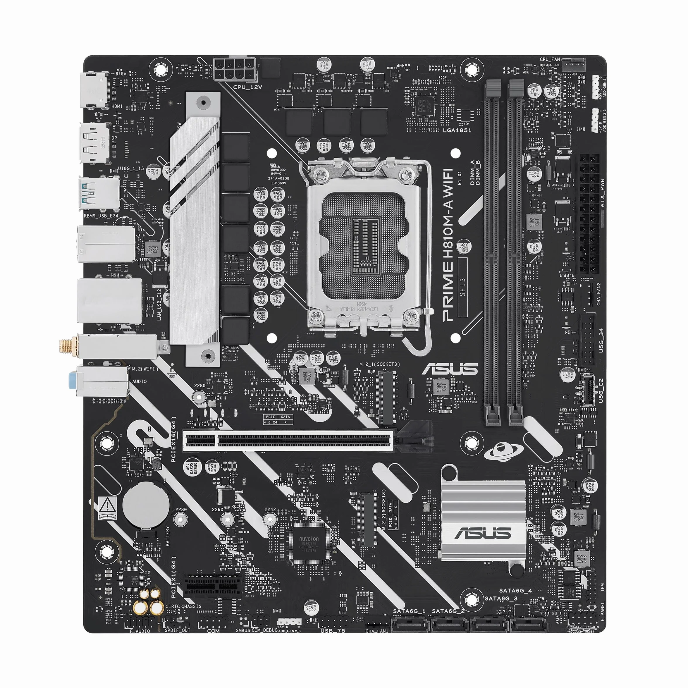 ASUS PRIME H810M-A WIFI, Scheda Madre Intel mATX, 6+1+1+1 Fasi di Alimentazione, Slot DDR5, PCIe 4.0, 2 Slot M.2, WiFi 6E, Ethernet Intel 16 GB, DisplayPort, HDMI, USB-A 10 Gbps, USB-C 5 Gbps, Nera