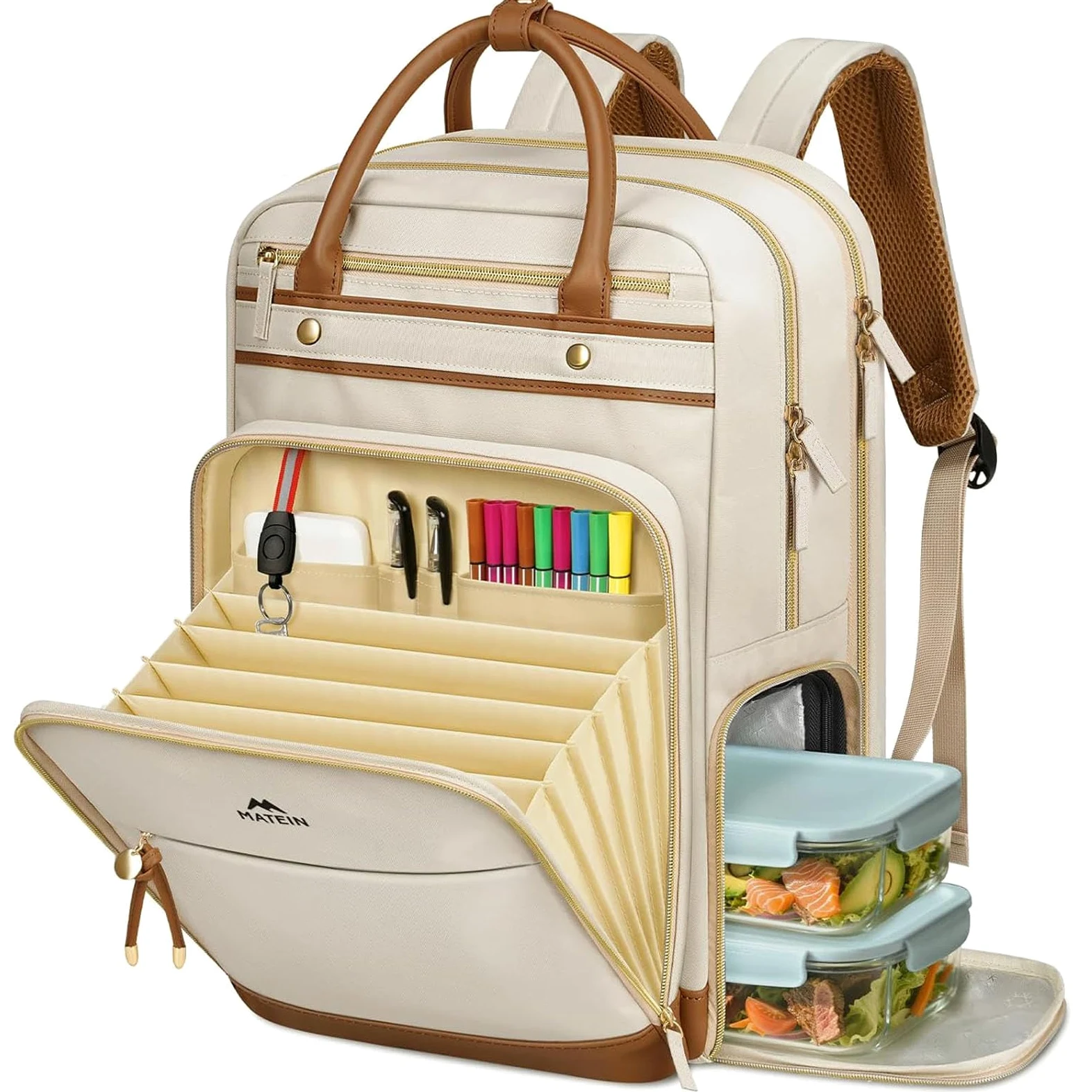 MATEIN Zaino Lavoro Donna con Borsa Pranzo Rimovibile, Zaino Porta PC,Beige | Zaino Porta PC 15,6 Pollici, Con Borsa Frigo Integrata, Contenitore a Fisarmonica, Tasca Organizzata, per Università, Ufficio