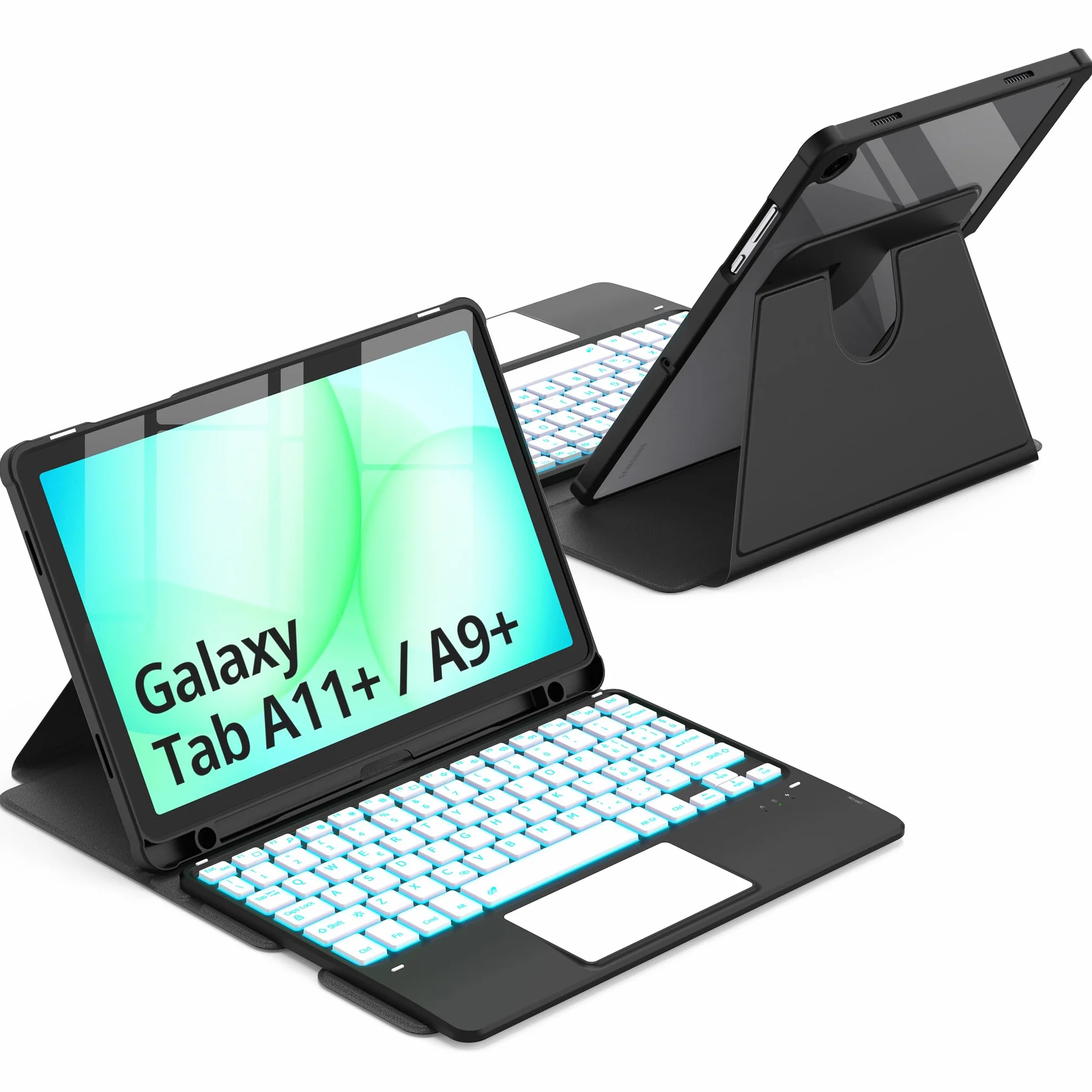 CACOE Custodia con Tastiera Girevole 360 Compatibile con Samsung Galaxy Tab A11 Plus/A9 Plus 11 pollici con Touchpad, Tastiera Staccabile Retroilluminata a 7 Colori con Funzione di Supporto, Nera