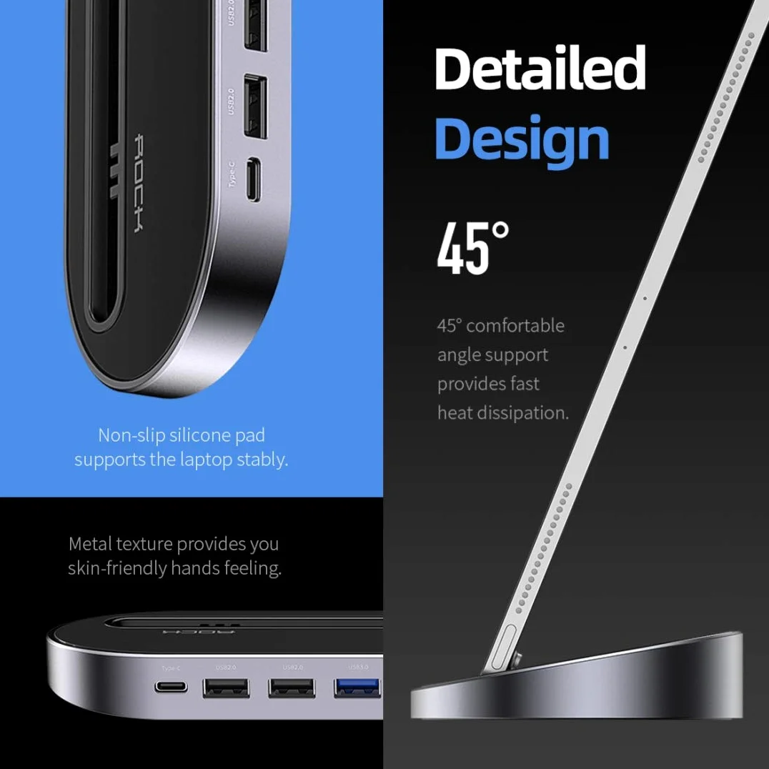 HUB USB Docking Station Splitter Multi-Function HUB Laptop Stand Base 12 in 1 USB 3-C/Type-C + 2 USB 2.0 + 2 USB 3.0 + Porta RJ45 Ethernet Gigabit + VGA + HDMI con TF Card SD/Slot & 3.5mm Jack DAT