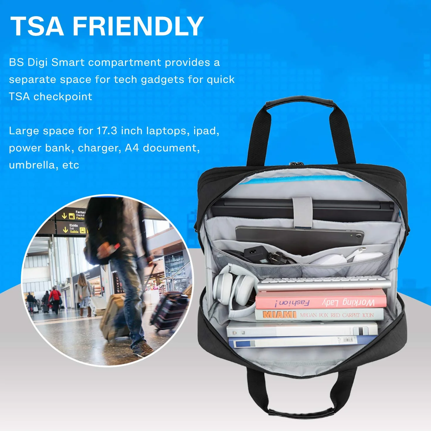 Bagsmart Borsa per Computer Portatile da 17,3 Pollici, Espandibile, per Uomo e Donna, Tracolla, Lavoro, Viaggi d'Affari, Ufficio, Chiudibile a Chiave, Nero