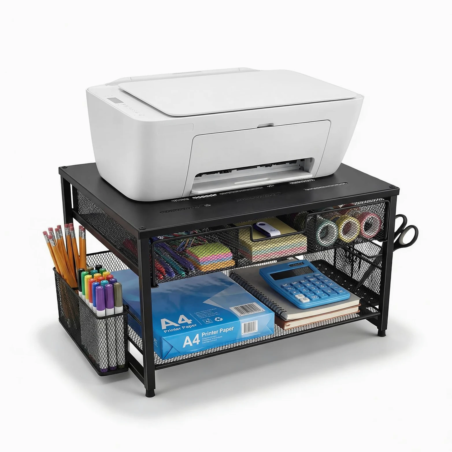 Supporto per monitor, organizer da scrivania in metallo con cassetto e 2 portapenne, rialzo ergonomico per monitor per stampante, laptop e ufficio, espositore a 2 livelli (nero)