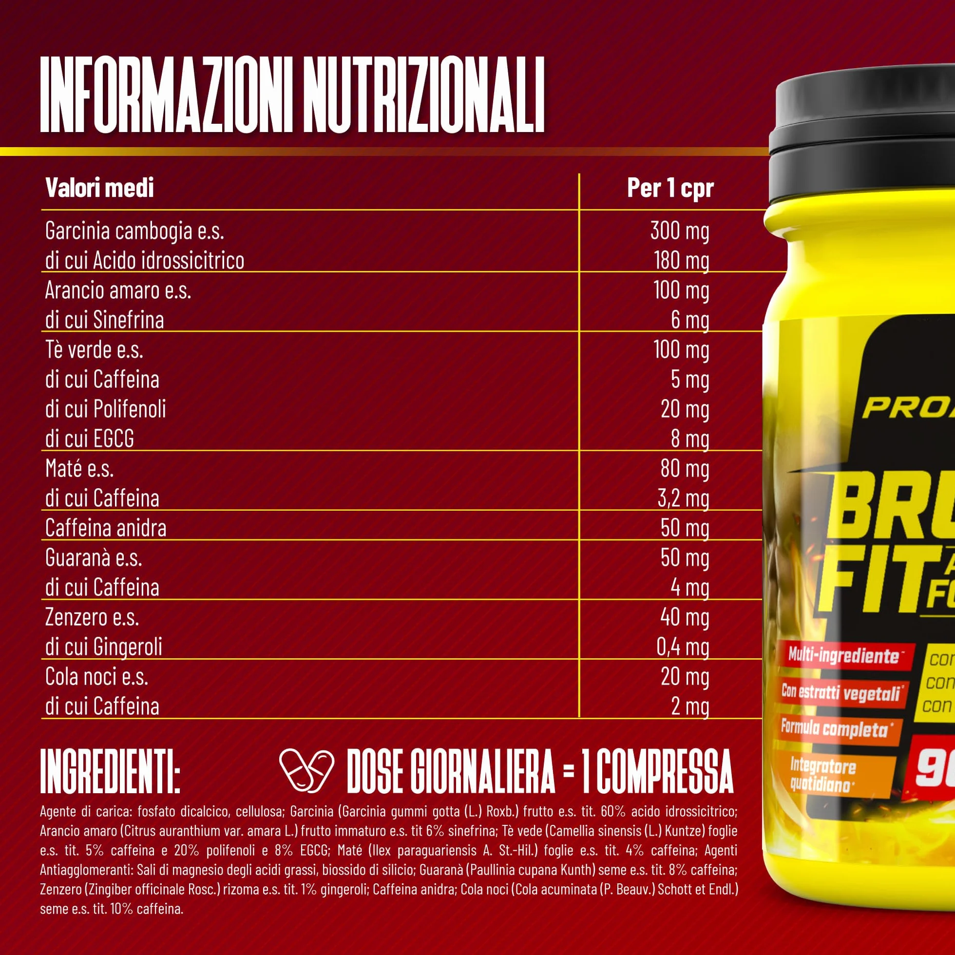 Integratore alimentare Garcinia Cambogia Arancio Amaro Tè Verde Maté Guaranà Zenzero Cola Noci Caffeina Anidra 90 compresse