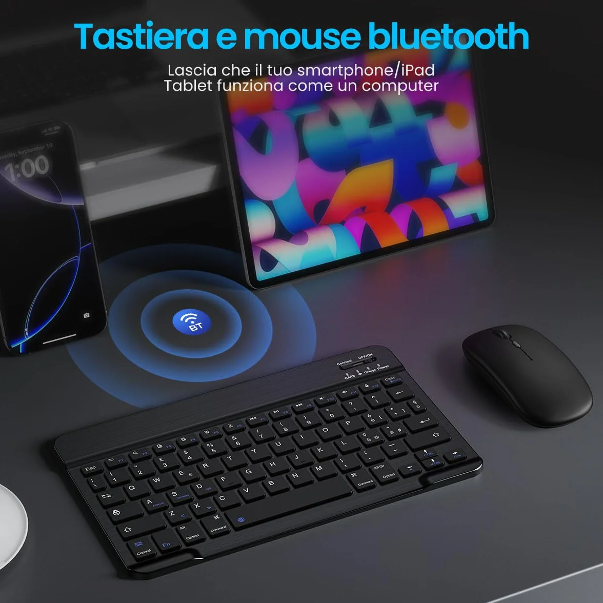 Cimetech Tastiera e mouse wireless Bluetooth, tastiera ergonomica ultrasottile con batteria ricaricabile integrata per iOS, Mac, iPad, Windows e sistemi operativi Android 3.0, Italiano QWERTY, nero