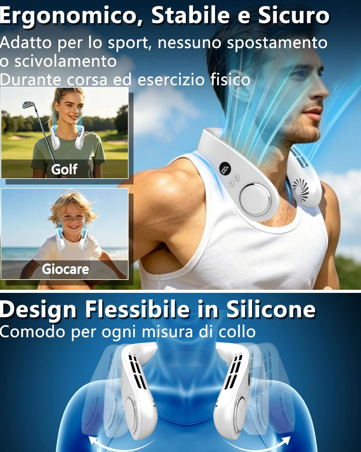 Ventilatore da Collo Sportivo con Raffreddamento, Neck Cooler Portatile e Silenzioso con 3 Temperature e 5 Velocità, Batteria 5500mAh Autonomia 15 Ore, LED, per Corsa, Ciclismo e Fitness Outdoor