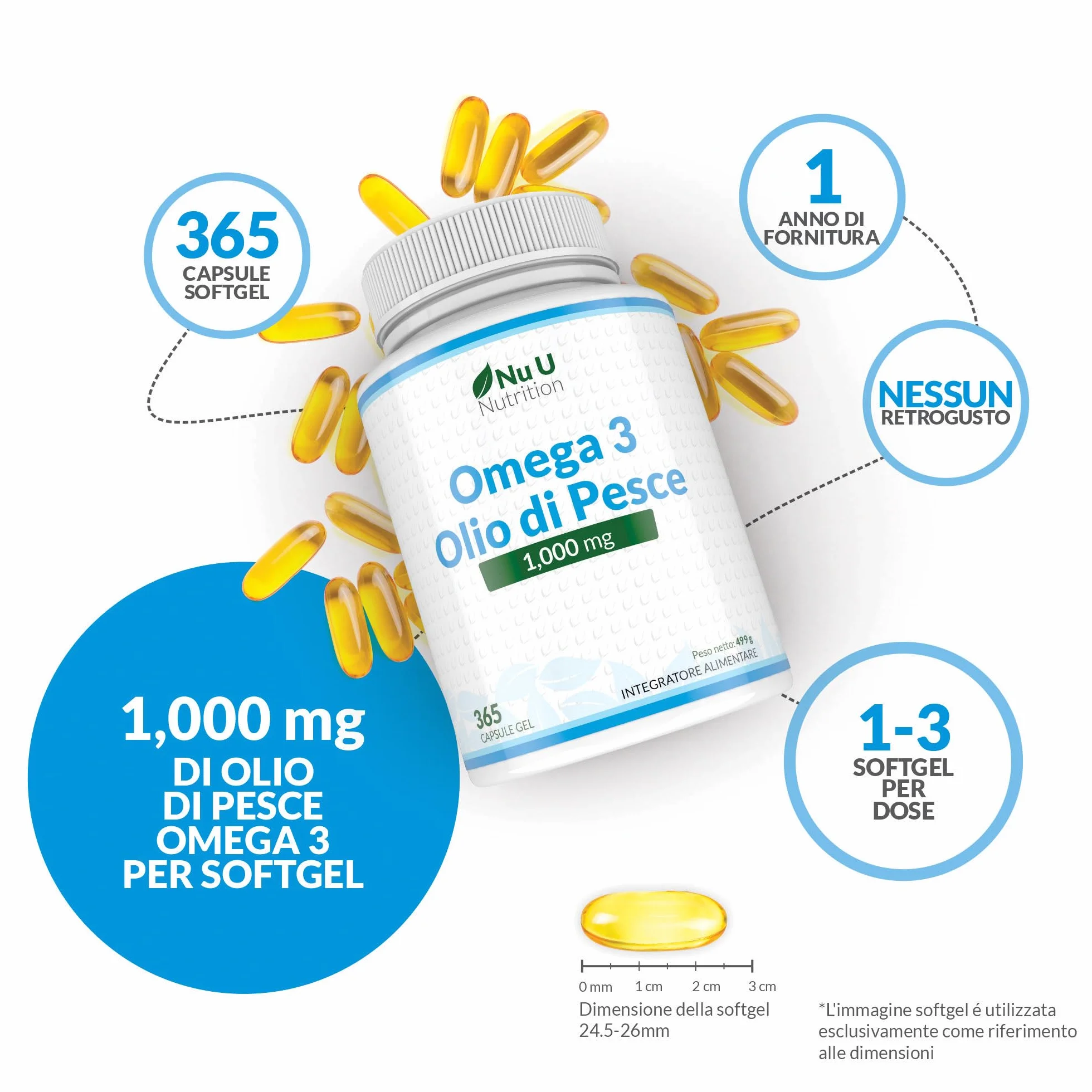 Nu U Nutrition Omega 3 Olio di Pesce 1000mg TG 365 Capsule Softgels EPA DHA