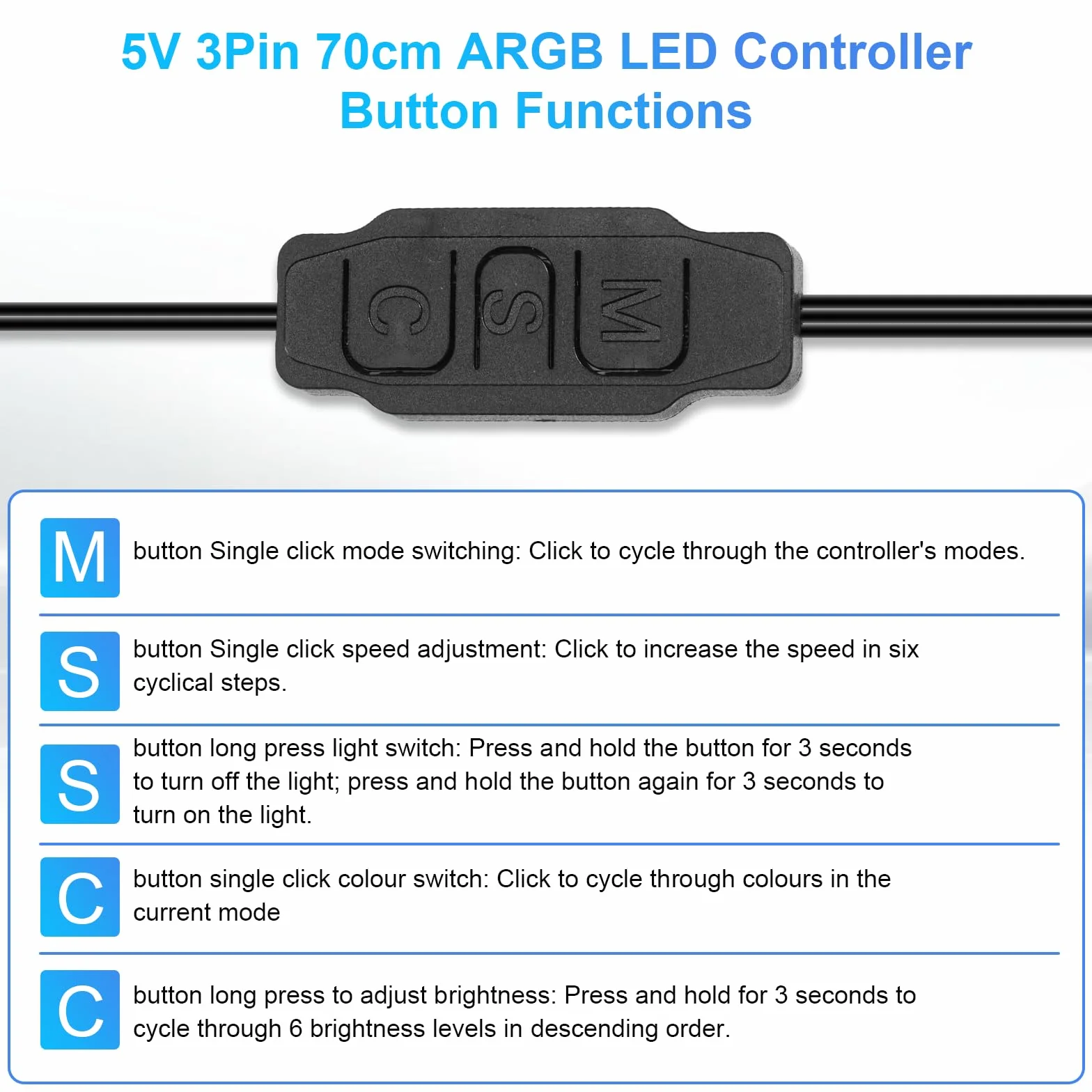 Controller LED ARGB 5V 3 pin 70cm USB mini RGB con pulsanti per PC fan strisce luminose
