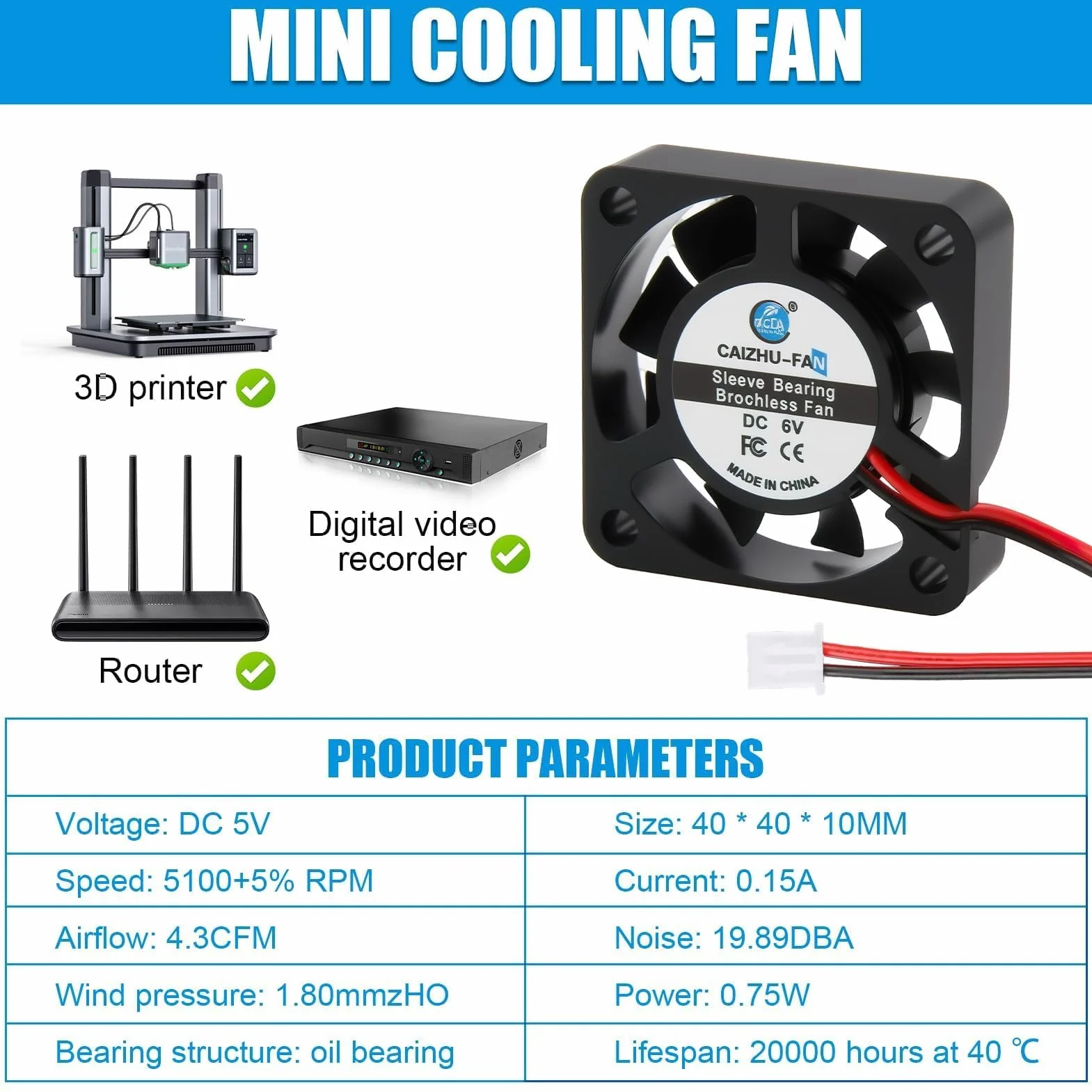 Ventilatori Silenziosi DC 5V 40mm, Mini Ventilatori di Raffreddamento Silenziosi da 4010 con Cavo da 30cm, 0,75W, Ideali per Stampanti 3D, Dispositivi Elettronici