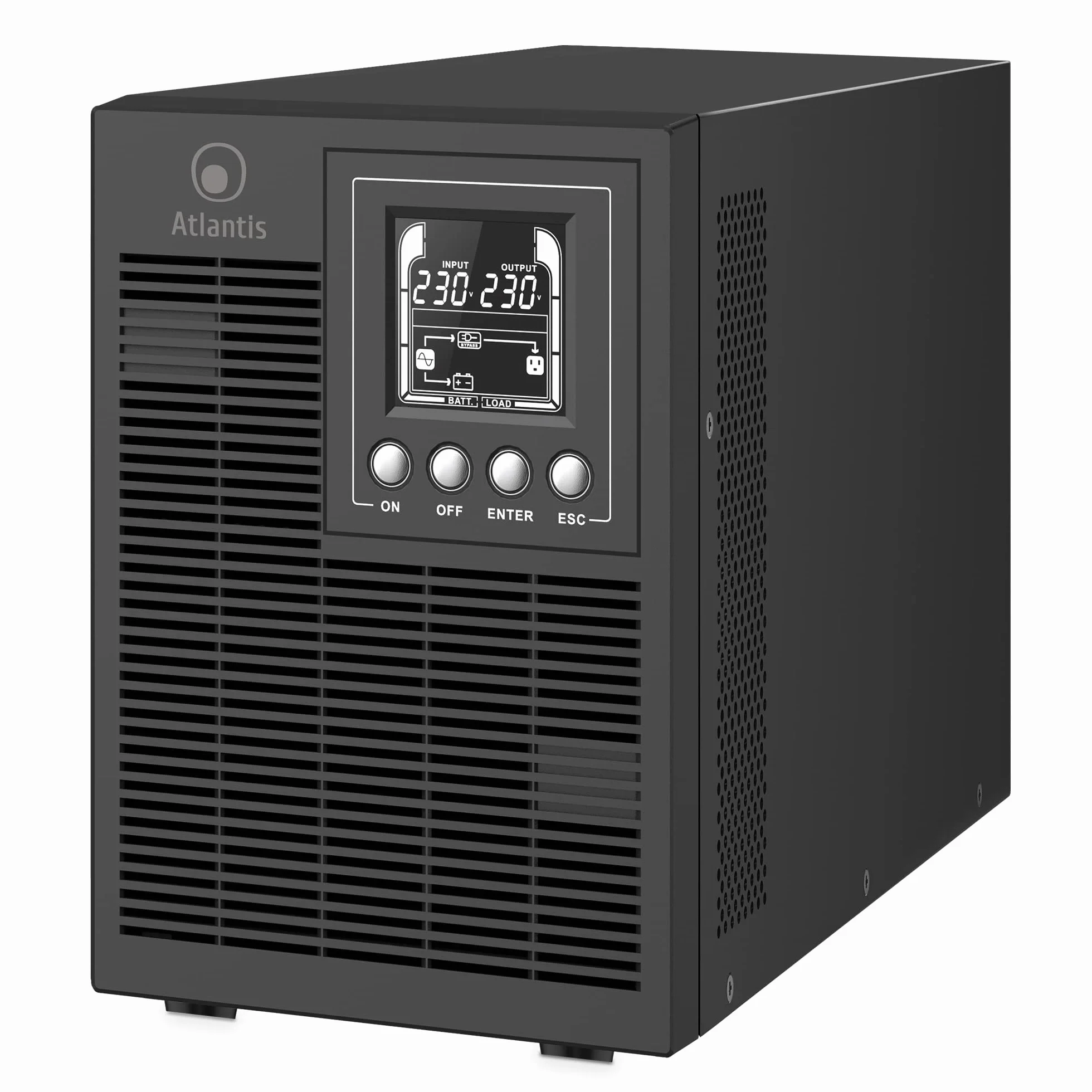 Atlantis A03-OP2002P PRO UPS OnLine Gruppo di Continuità Server Doppia conversione Onda Sinusoidale Pura 2000VA 1800W, Tower, display LCD, USB, seriale RS-232, 4 uscite IEC, slot SNMP, 4x12V-9Ah