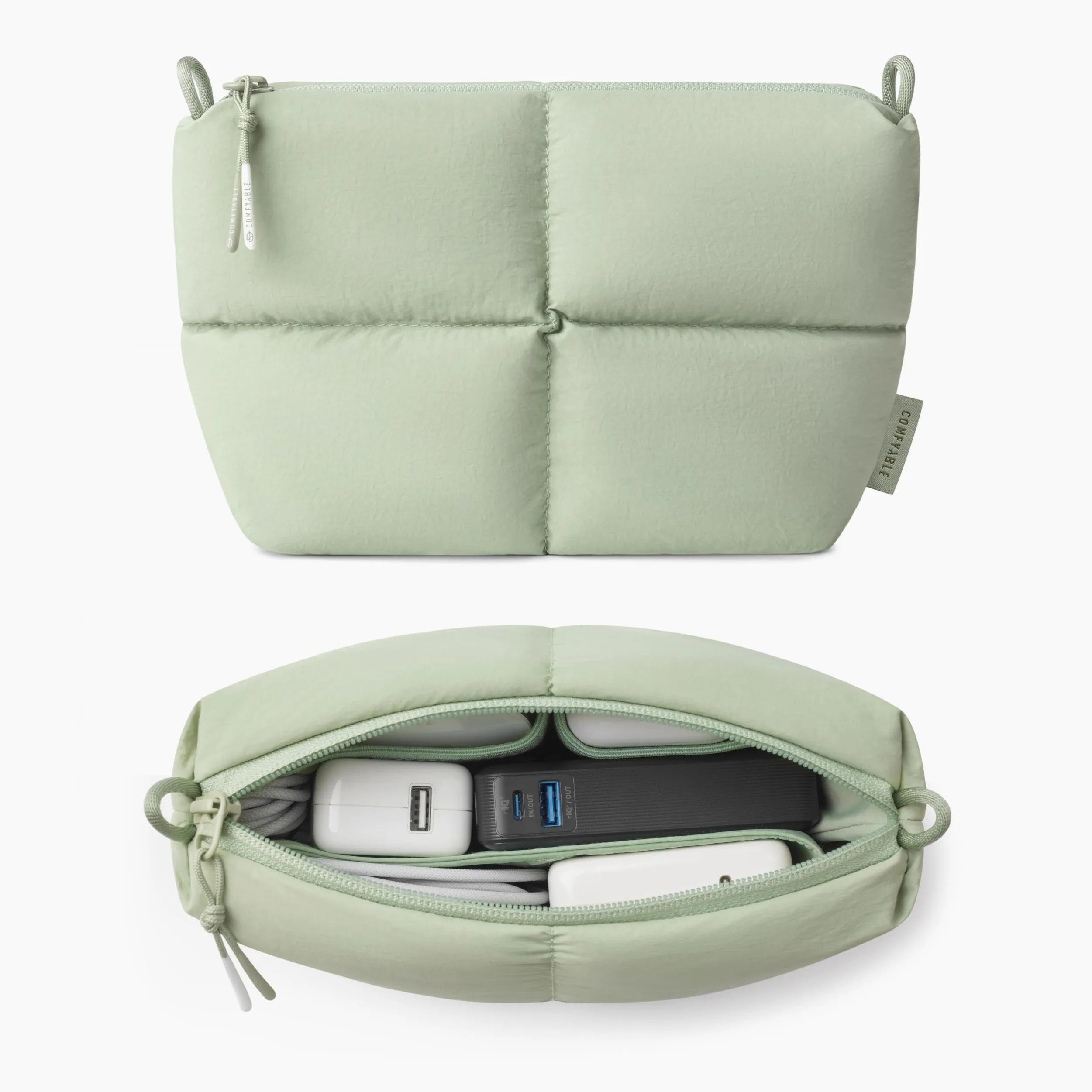 Comfyable Puffy Electronics Organizer da viaggio per donne, uomini, custodia per cavi per caricabatterie, telefono, power bank, cavo, custodia compatta per accessori tecnologici, salvia