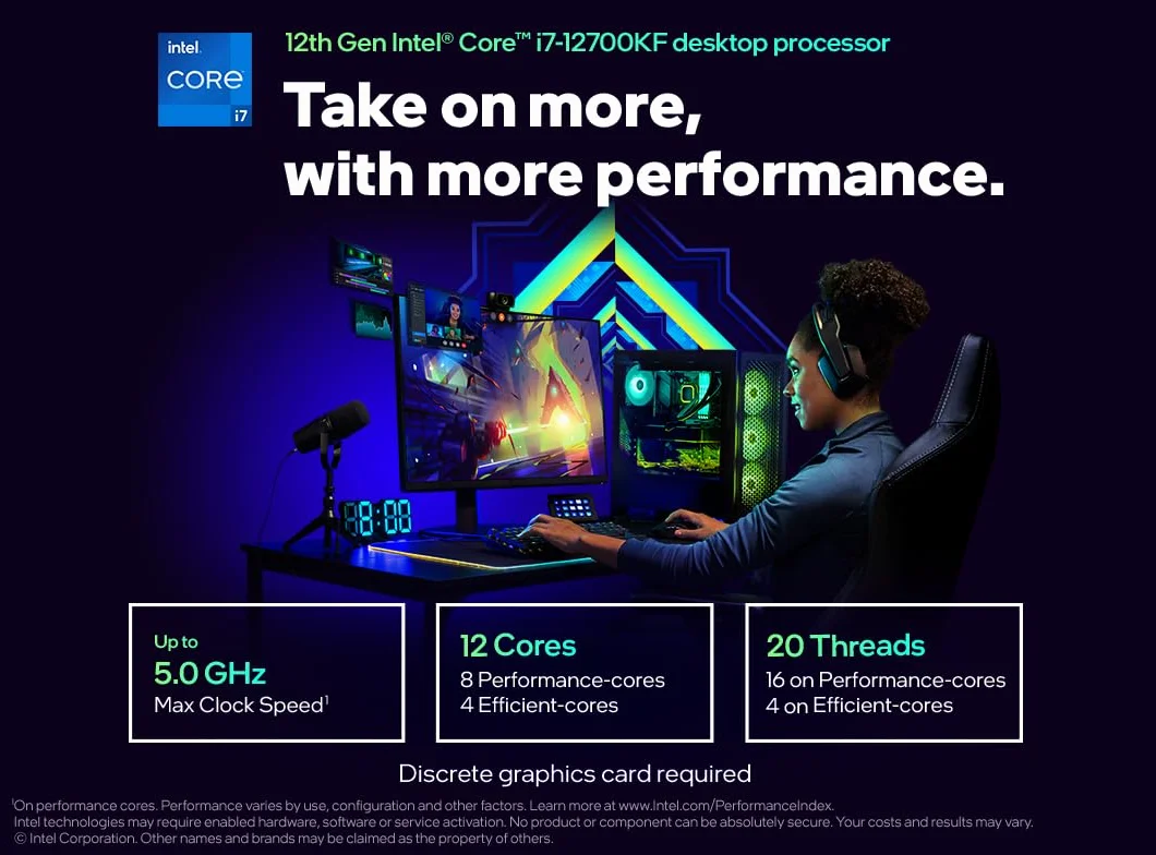 Intel® Core™ i7-12700KF, processore desktop, per sistemi desktop 12 (8P+4E) core fino a 5,0 GHz sbloccato LGA1700 serie 600 chipset 125 W