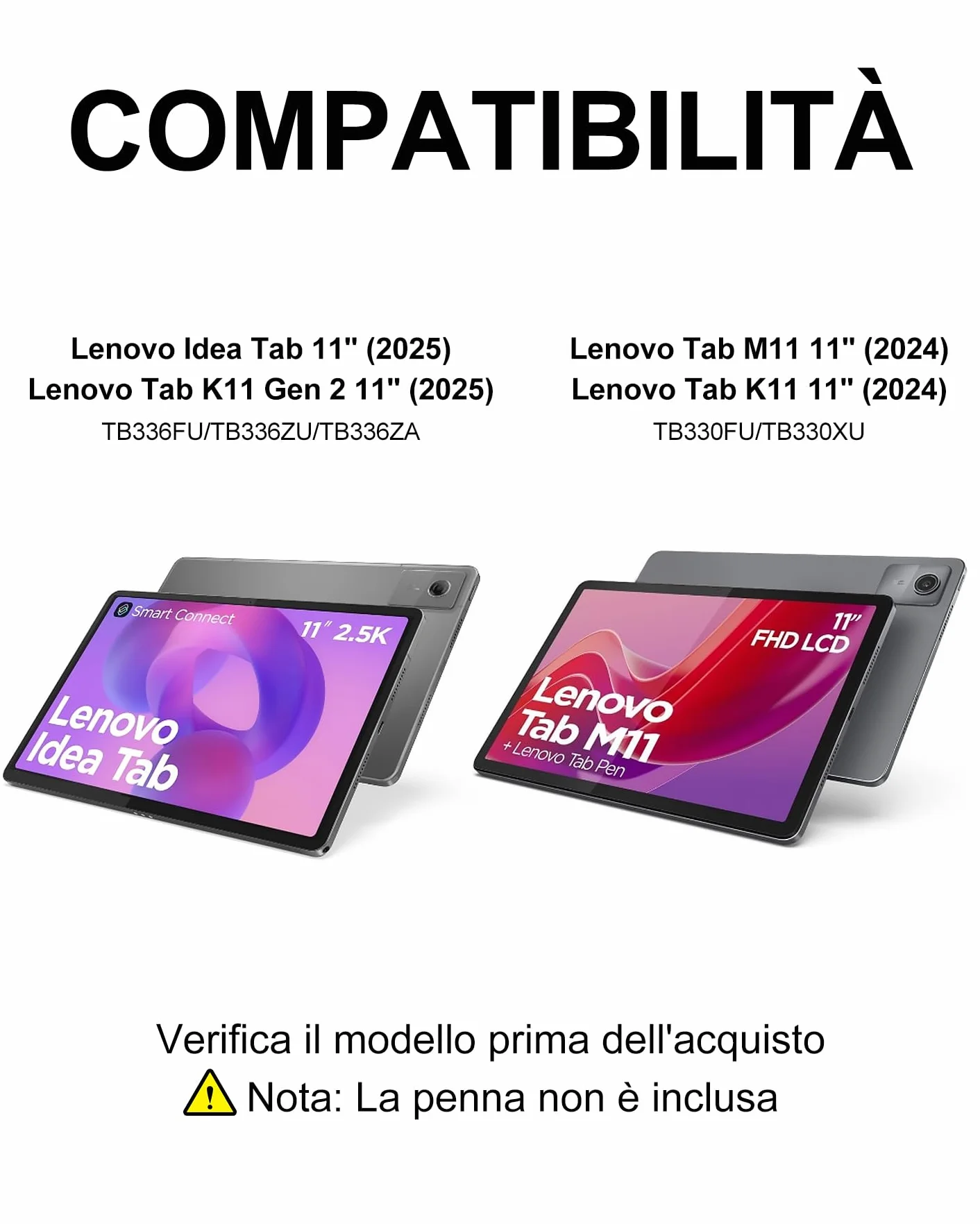 Custodia con Tastiera per Lenovo Idea Tab 11 (2025), Tab M11 (2024) & Motorola Moto Pad (2026), Layout Italiano, Senza Retroilluminazione, Senza Touchpad, Bluetooth 5.0, Nero