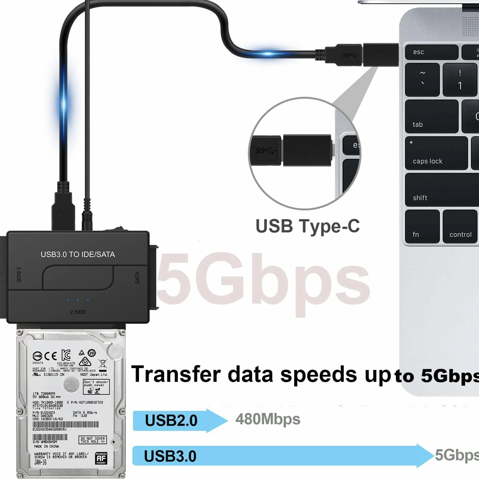 Adattatore USB 3.0 a IDE/SATA 12V per HDD SSD 2.5/3.5 pollici, supporta 6 TB
