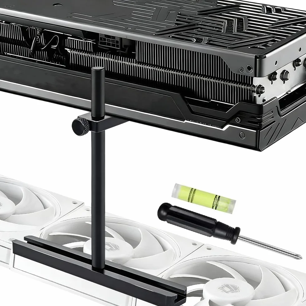Supporto per Scheda Grafica, Doppio Supporto e Ventola, Regolabile in Altezza 10-120 mm, Supporto GPU in Alluminio per ATX/MATX/ITX, Plug and Play, Ideale per Montaggio GPU Verticali (Asta Singola)