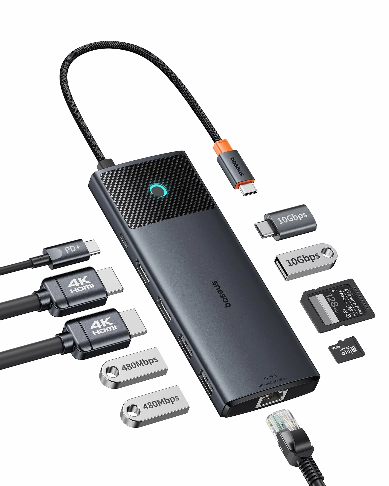 Baseus Docking Station Dual Monitor,10 Gbps 10 in 1 Docking Station con 2 HDMI Single 4K @120Hz, Dual 4K @ 60 Hz, 10 Gbps USB-A e USB-C, Gigabit Ethernet e PD 100 W per iPhone 15/Dell/HP/Lenovo e più