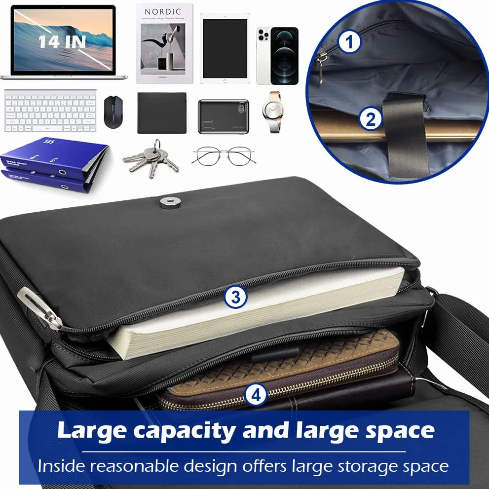 SPAHER Borsa Porta PC Borse Messenger per PC portatili Borsa a Tracolla per Laptop Grande da 14 pollici Lavoro Business Office Borsa da Viaggio Impermeabile Sacchetto del Messaggero Nero