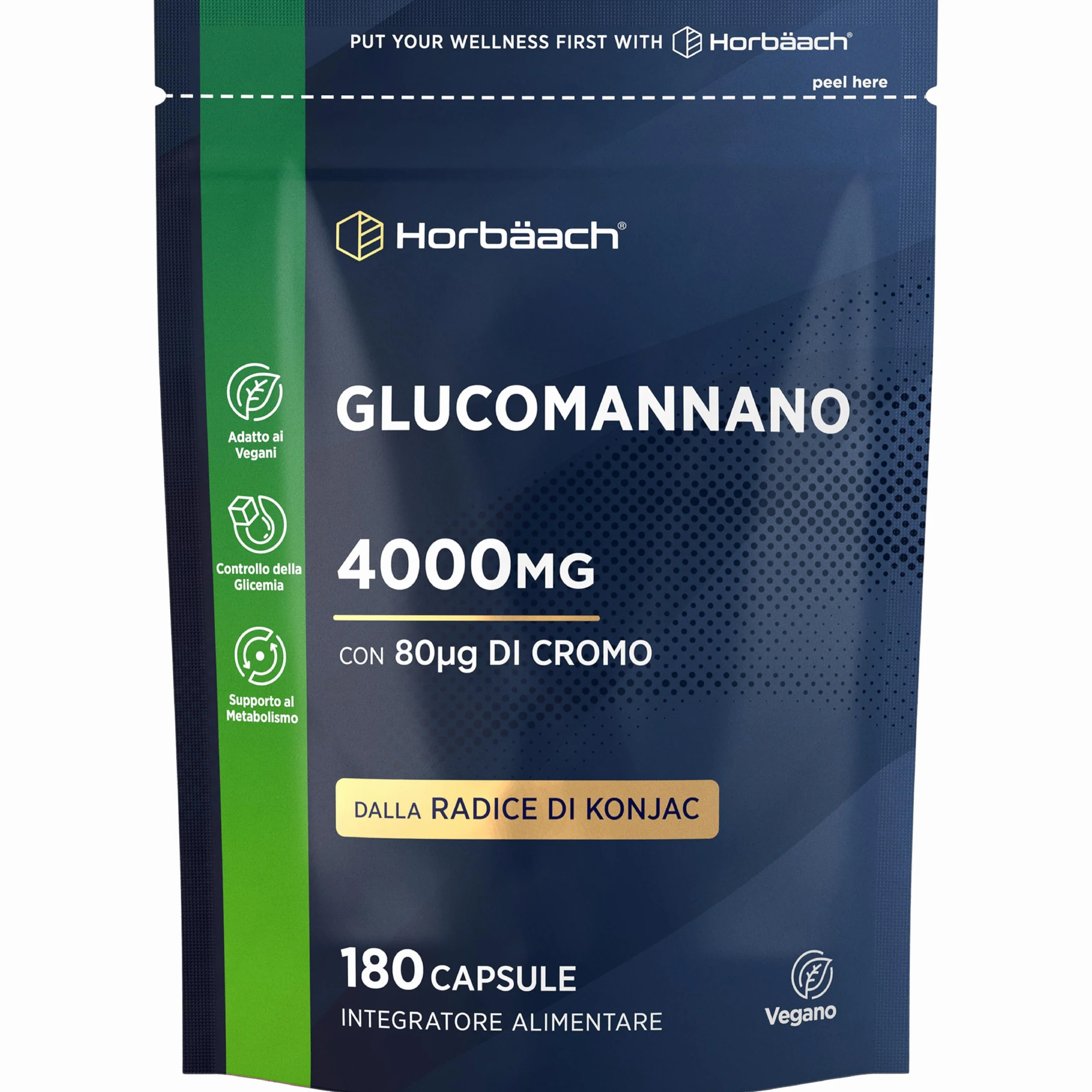 Glucomannano 4,000mg Radice di Konjac con Cromo 180 Capsule Vegani Horbaach