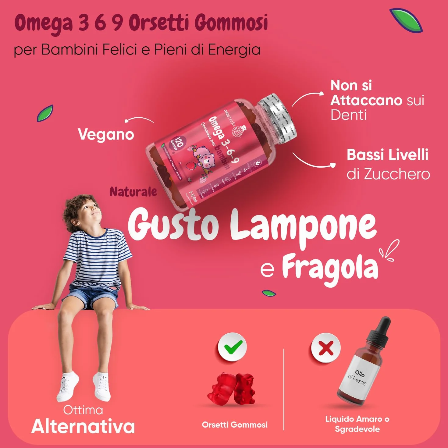 Omega 3 per Bambini 400mg ALA 60% Olio di Perilla 120 Gommose Vegan Senza Glutine