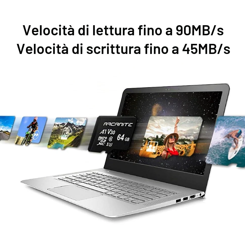 ARCANITE, set da 2 schede di memoria microSDXC 64 GB, UHS-I U3, A1, V30, 4K, C10, MicroSD, Velocità di lettura fino a 90 MB/s