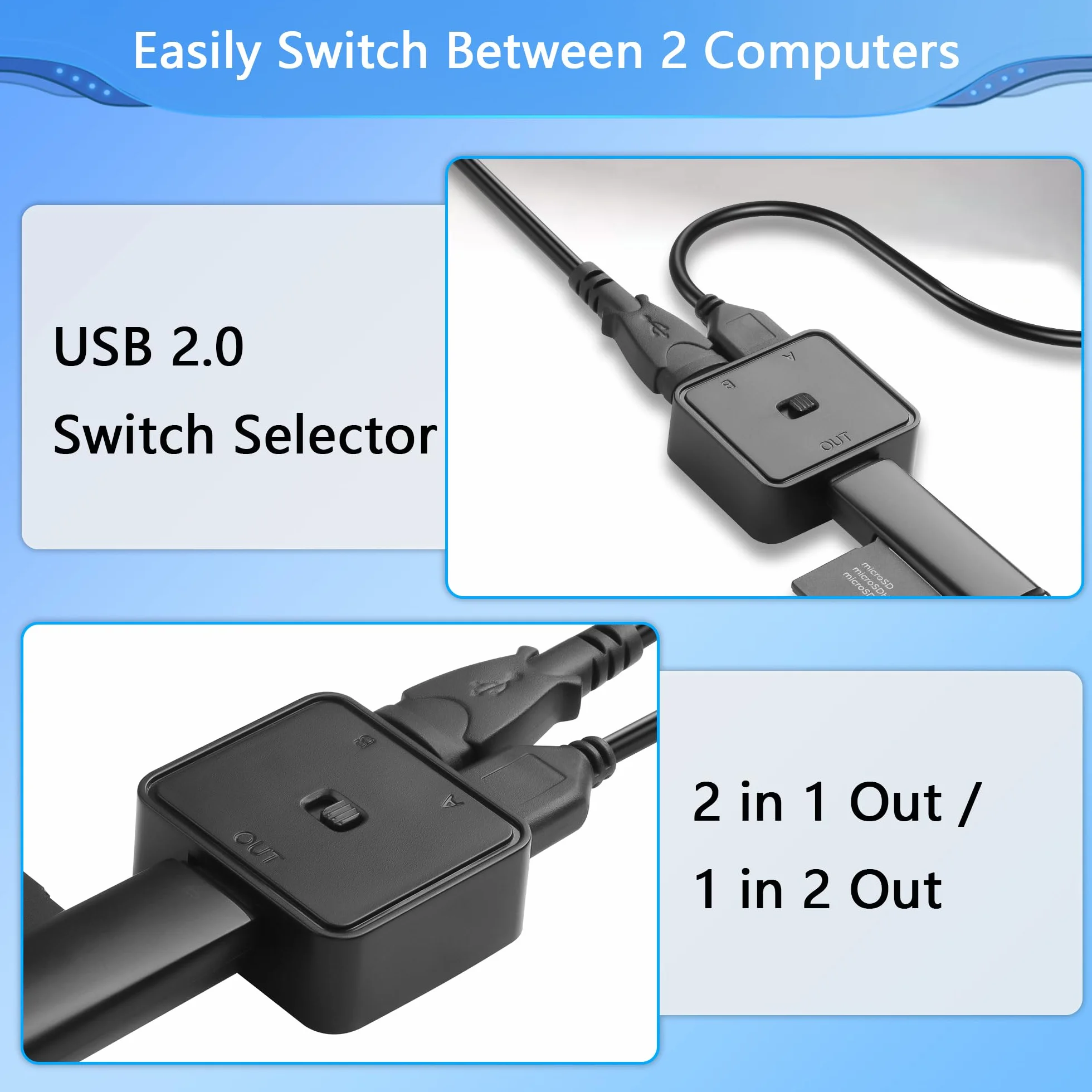 CERRXIAN 2 interruttori USB 2.0 1 in 2 out, interruttore USB bidirezionale 2 computer condividono 1 dispositivo per stampante, scanner, tastiera
