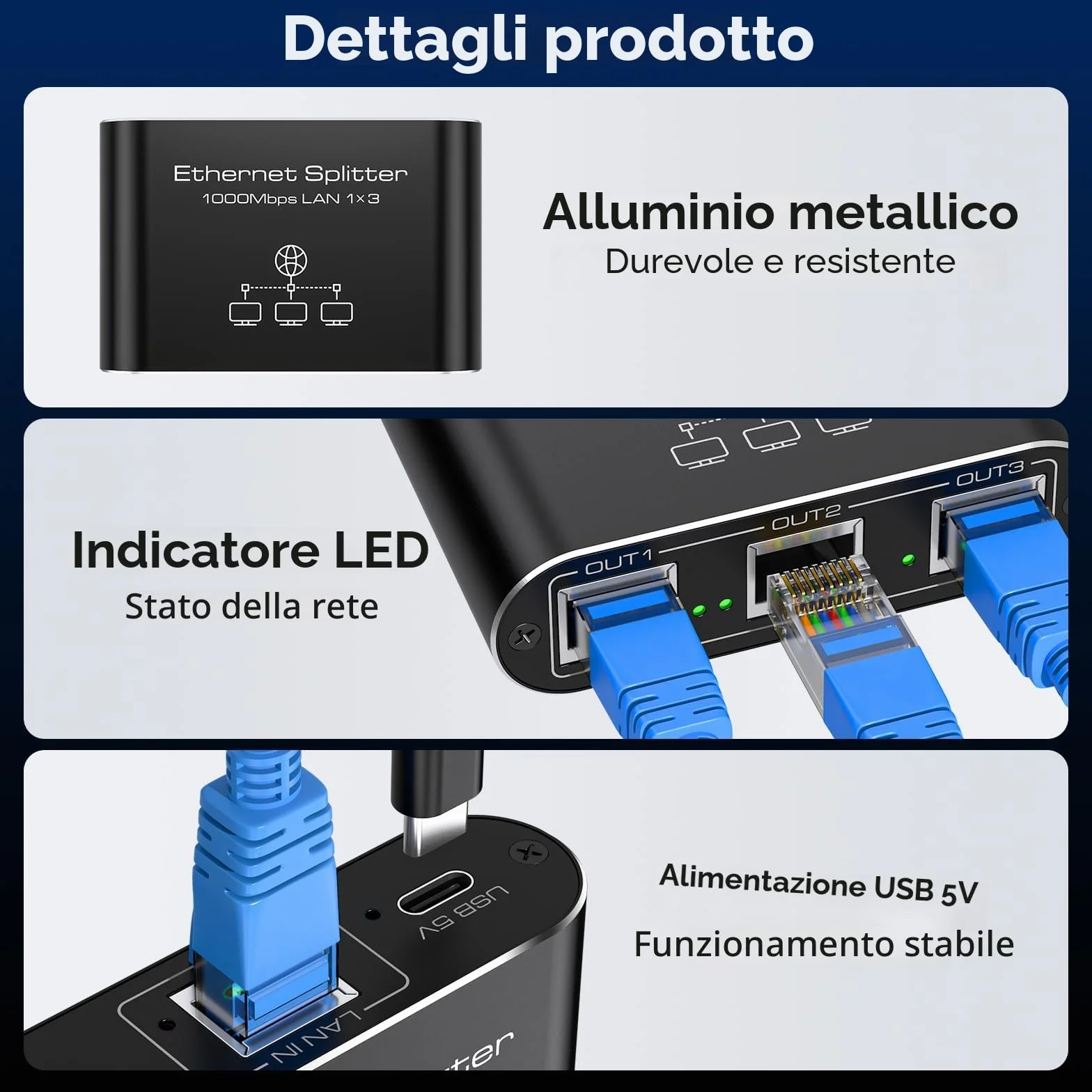 VEDINDUST Switch Ethernet da 1 a 3 1000Mbps Sdoppiatore Ethernet Alluminio Splitter Gigabit Lan Con Cavo di Alimentazione USB C. Adatto a Computer.Router.Set Top Box