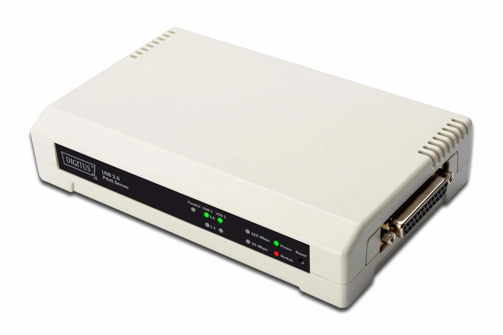 DIGITUS 2+1 Port Printserver, 1x RJ45, 2x USB A, 1x DB-36-pin maschio, USB 2.0, Fast Ethernet 100 Mbit/s, Grigio