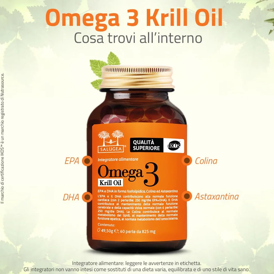 Salugea OMEGA 3 KRILL OIL IKOS 60 Perle Olio di Krill Antartico EPA DHA Astaxantina Colina