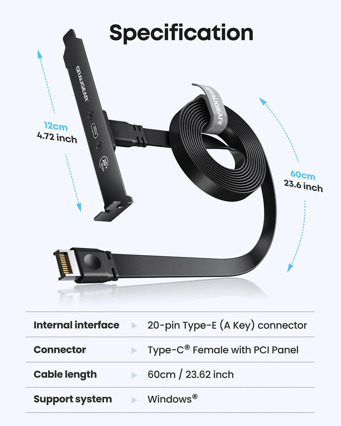 GRAUGEAR Scheda madre PCI da 20 Gbps, adattatore A-Key a USB C, USB 3.2 Gen2 x 2 20 Gbps, 20 pin USB e header nero